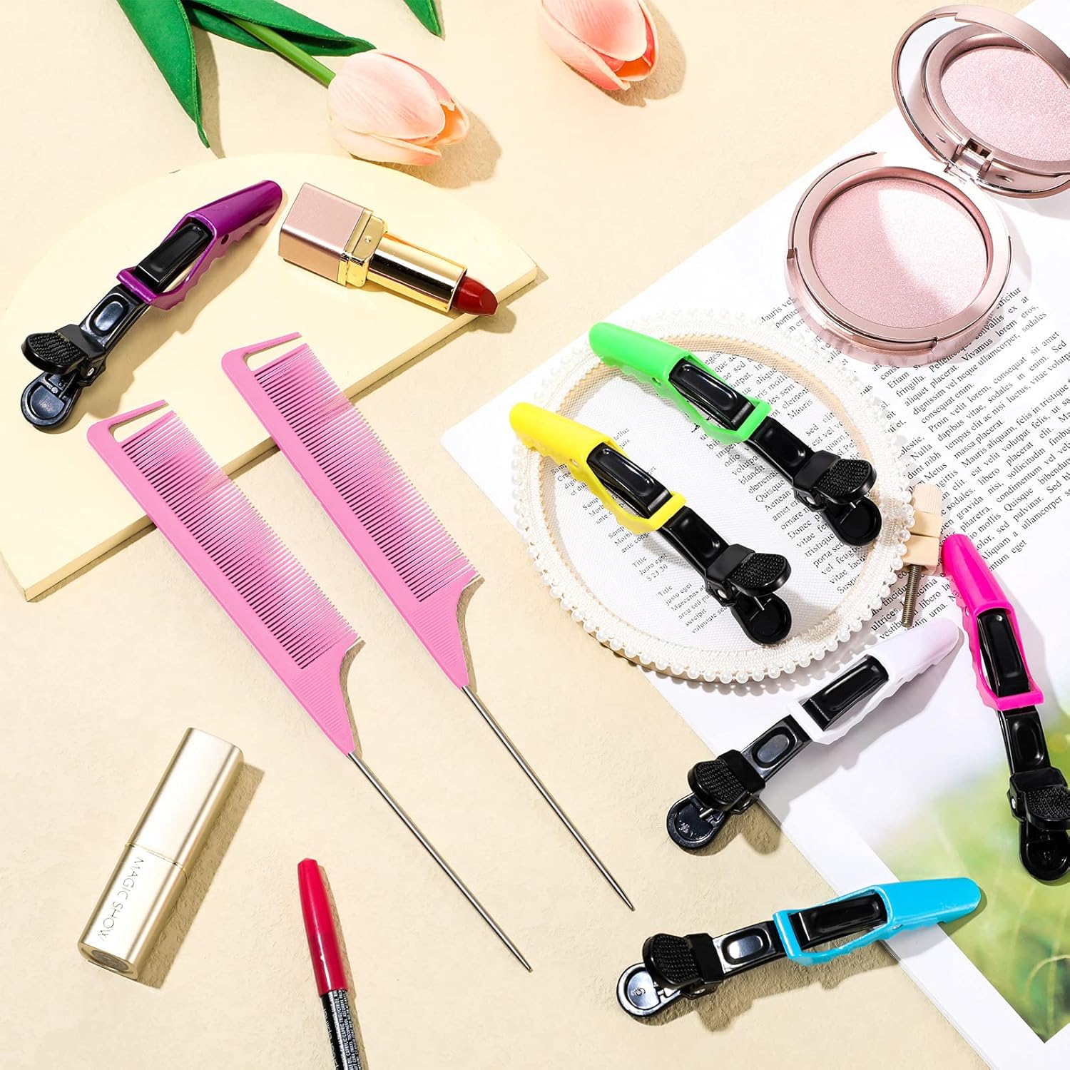 10 Pcs Hair Styling Tools Set Magnetic Gel & Silicone Wristband for Stylists and Braiders, Wrist Strap, 3 Rat Tail Combs and 6 Plastic Clips Pink Wrist Strap