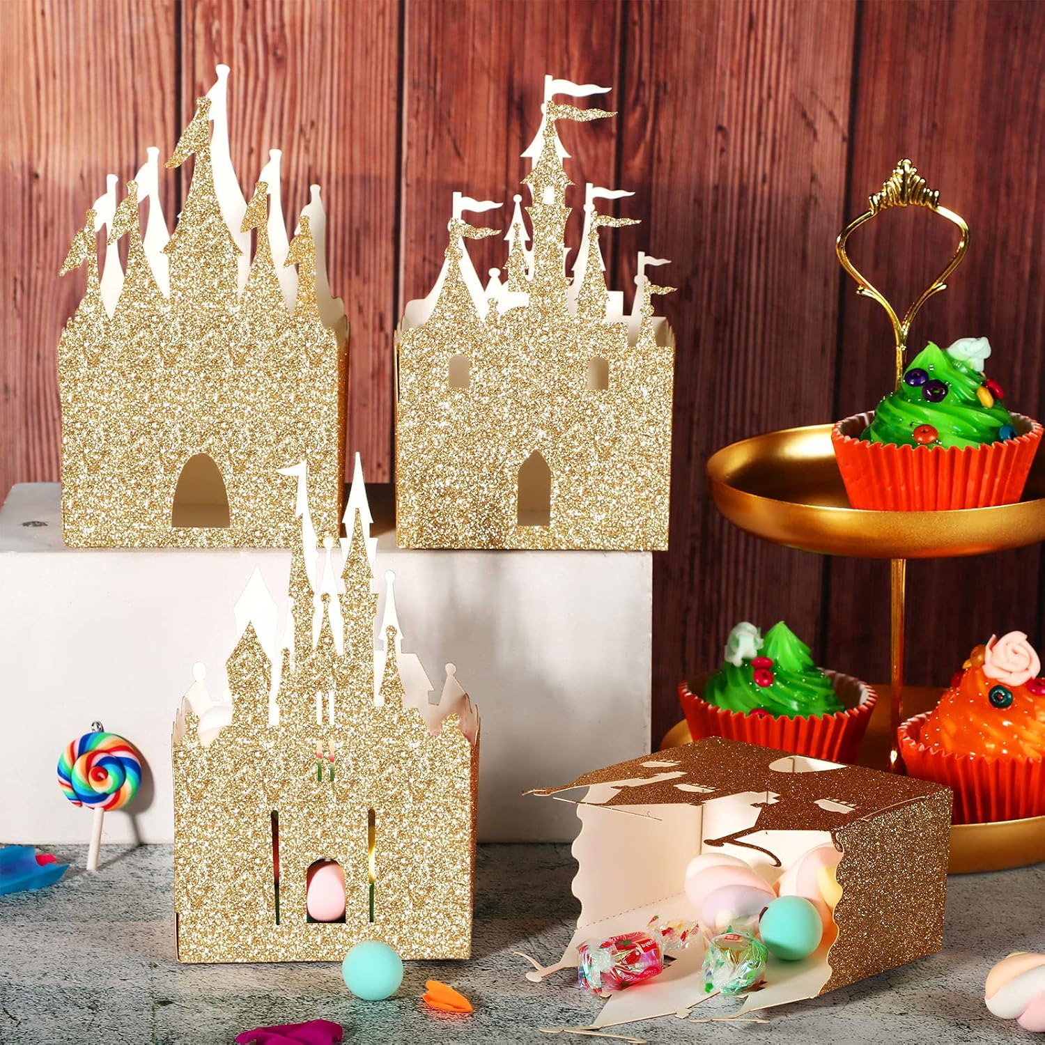 30 Pieces Castle Box Princess Candy Box Glitter Castle Favor Treat Gift Princess Party Decorations Baby Shower Wedding Supplies Gold