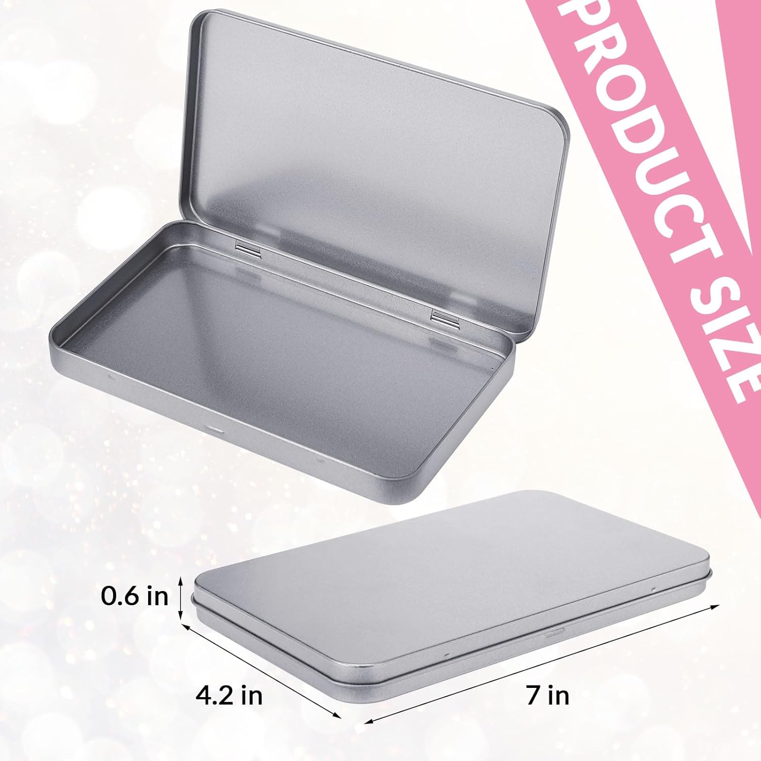 2 Pack Rectangular Metal Tin Box with Lid Metal Hinged Lid Tin Empty Box Container Storage for Watercolor Jewelry Pen Eraser Pill Candy Craft Organize 7.0 x 4.2 x 0.6'' Sliver