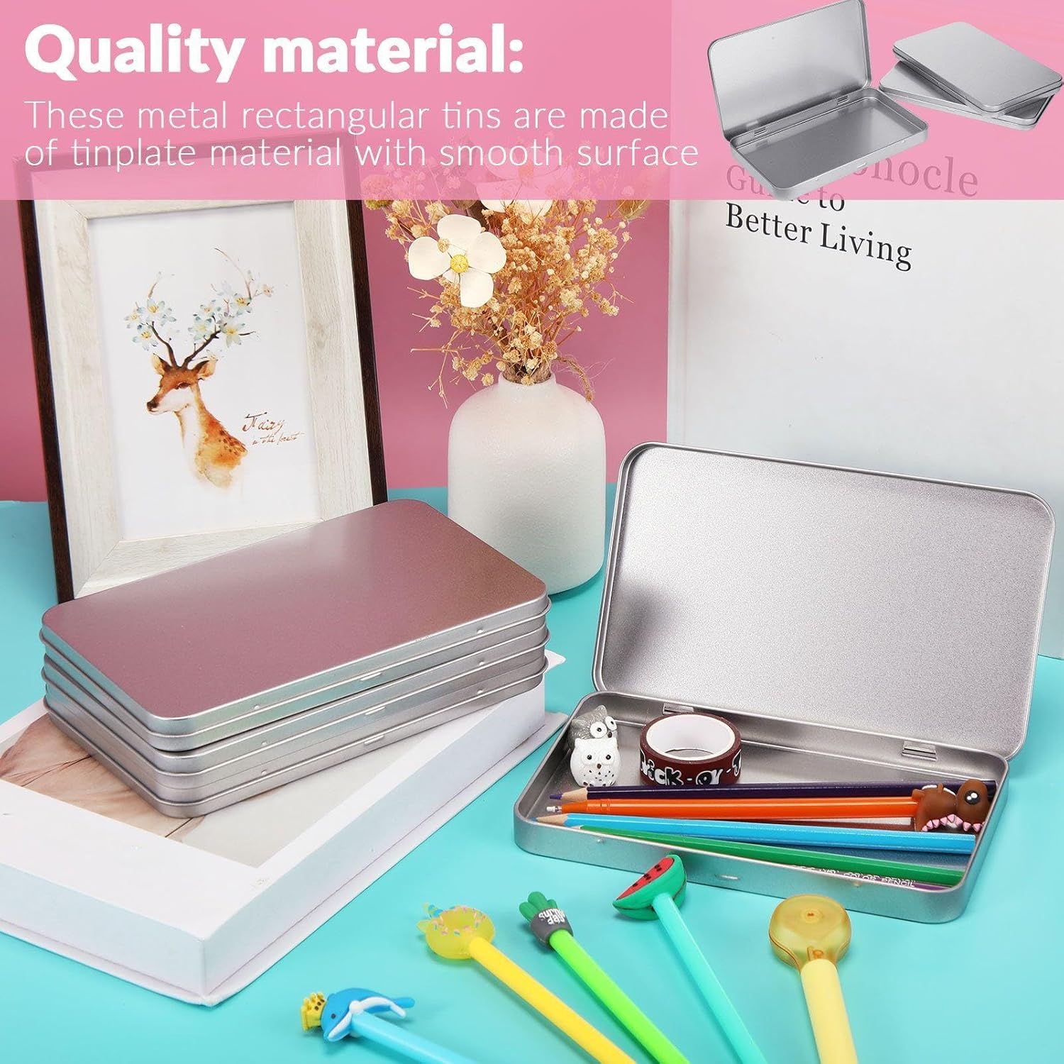 2 Pack Rectangular Metal Tin Box with Lid Metal Hinged Lid Tin Empty Box Container Storage for Watercolor Jewelry Pen Eraser Pill Candy Craft Organize 7.0 x 4.2 x 0.6'' Sliver