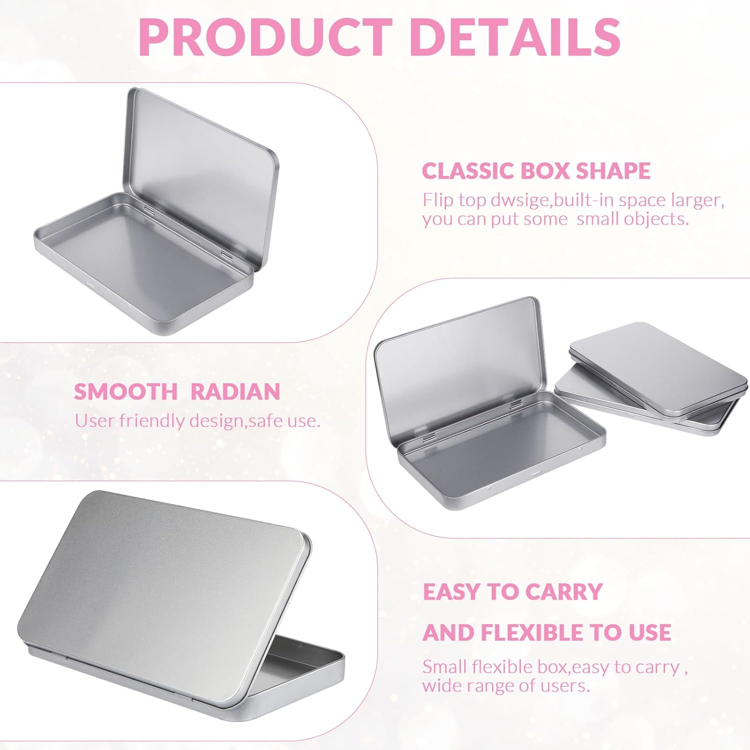 2 Pack Rectangular Metal Tin Box with Lid Metal Hinged Lid Tin Empty Box Container Storage for Watercolor Jewelry Pen Eraser Pill Candy Craft Organize 7.0 x 4.2 x 0.6'' Sliver