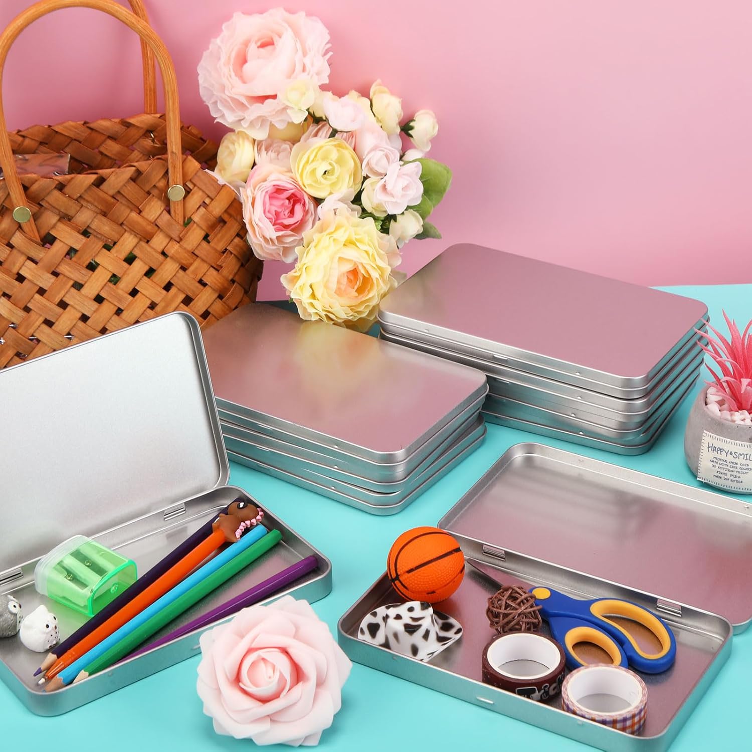 2 Pack Rectangular Metal Tin Box with Lid Metal Hinged Lid Tin Empty Box Container Storage for Watercolor Jewelry Pen Eraser Pill Candy Craft Organize 7.0 x 4.2 x 0.6'' Sliver