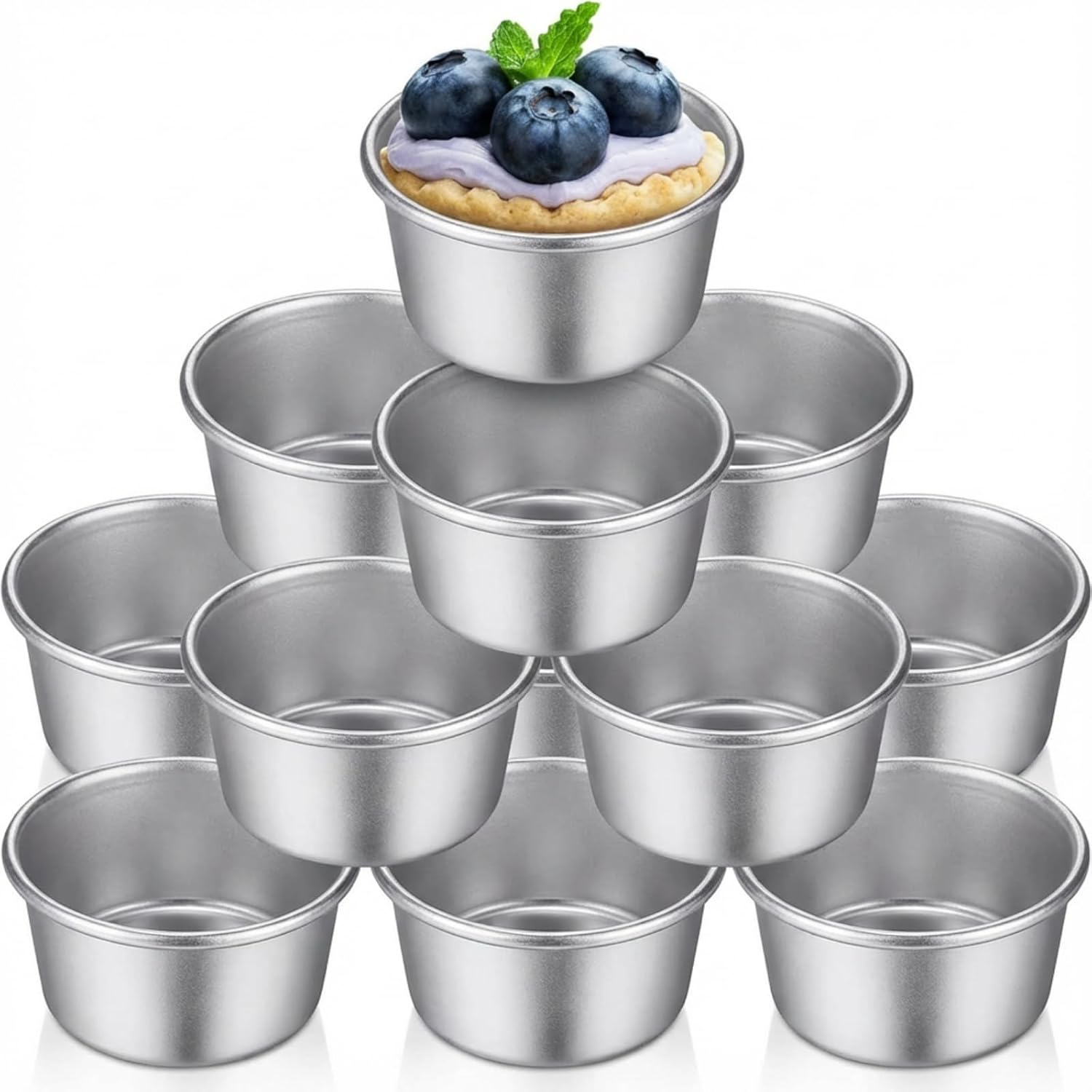 10 Pieces Individual Flan Molds Egg Tart Molds Pudding Cups Mini Chocolate Molten Pans Carbon Steel Cupcake Cake Cookie, Round Nonstick Popover Bakeware Tumblers 2.6 x 2 x 1.3 Inch