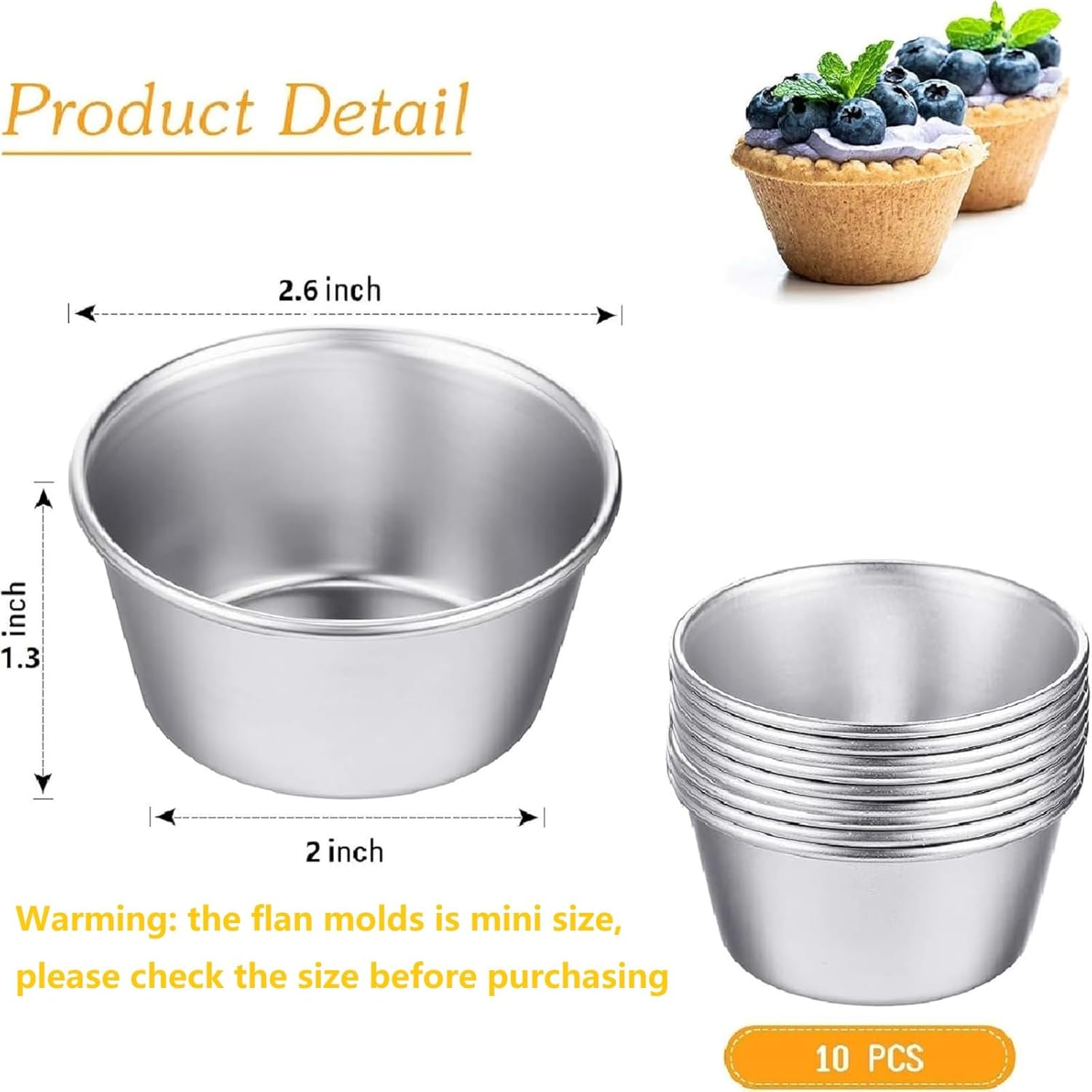 10 Pieces Individual Flan Molds Egg Tart Molds Pudding Cups Mini Chocolate Molten Pans Carbon Steel Cupcake Cake Cookie, Round Nonstick Popover Bakeware Tumblers 2.6 x 2 x 1.3 Inch