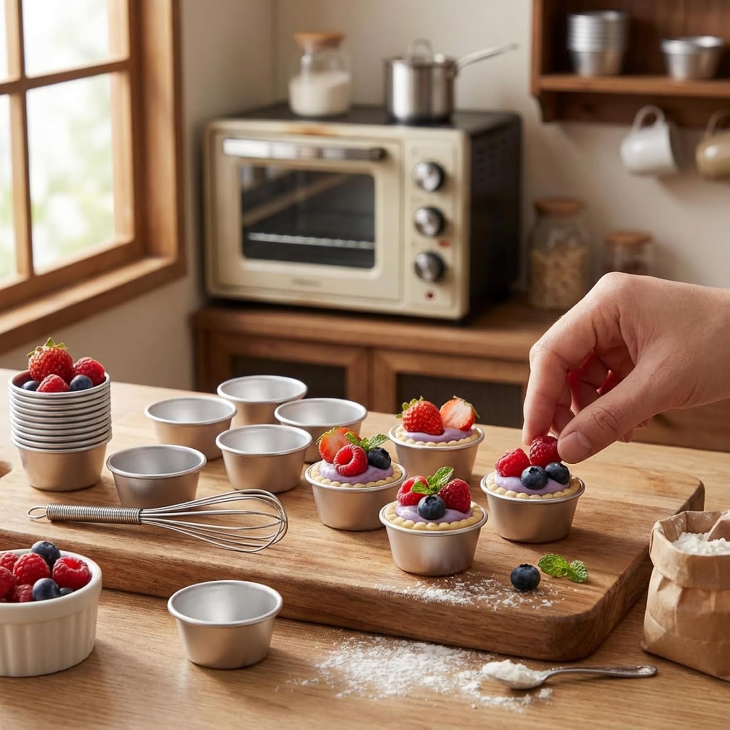 10 Pieces Individual Flan Molds Egg Tart Molds Pudding Cups Mini Chocolate Molten Pans Carbon Steel Cupcake Cake Cookie, Round Nonstick Popover Bakeware Tumblers 2.6 x 2 x 1.3 Inch