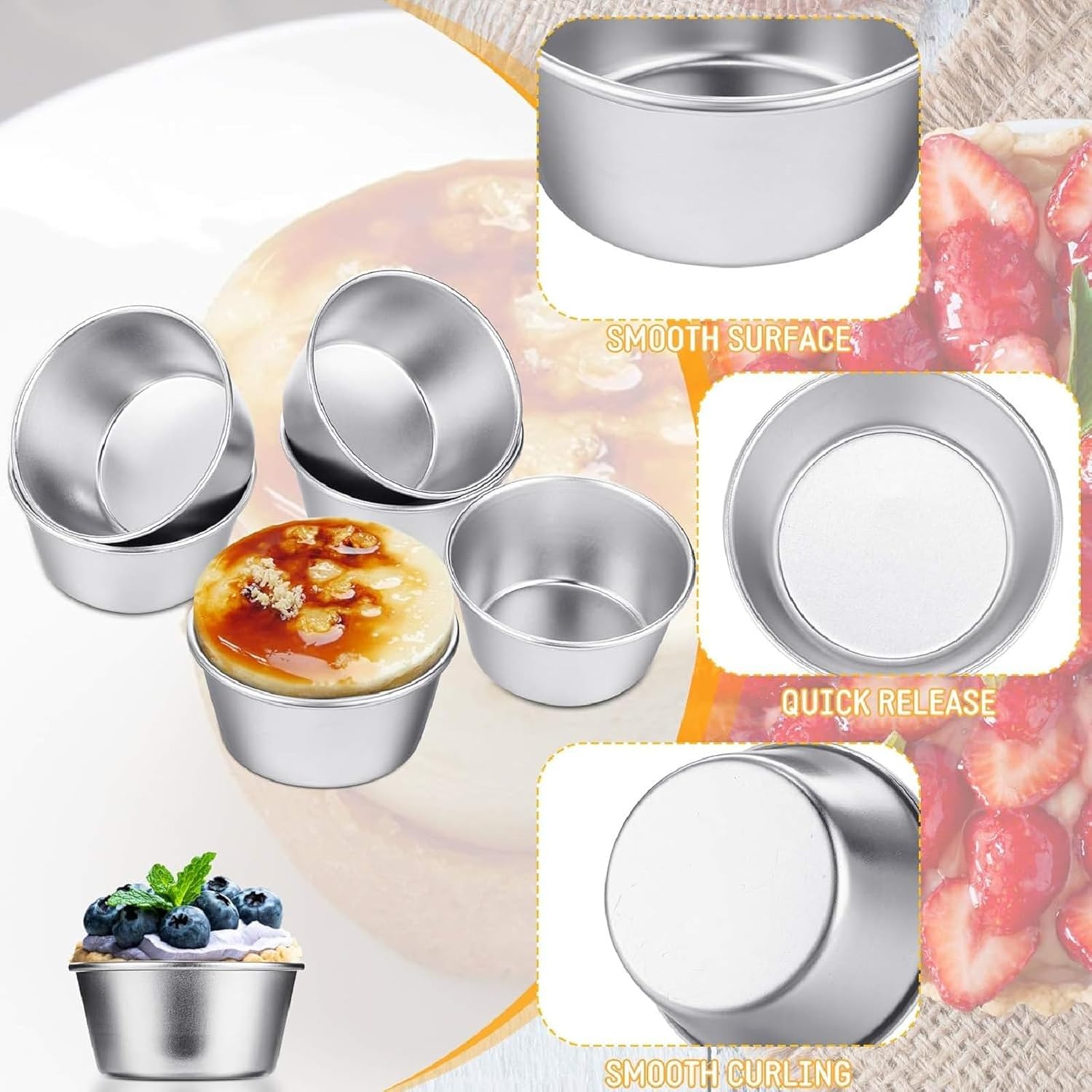 10 Pieces Individual Flan Molds Egg Tart Molds Pudding Cups Mini Chocolate Molten Pans Carbon Steel Cupcake Cake Cookie, Round Nonstick Popover Bakeware Tumblers 2.6 x 2 x 1.3 Inch