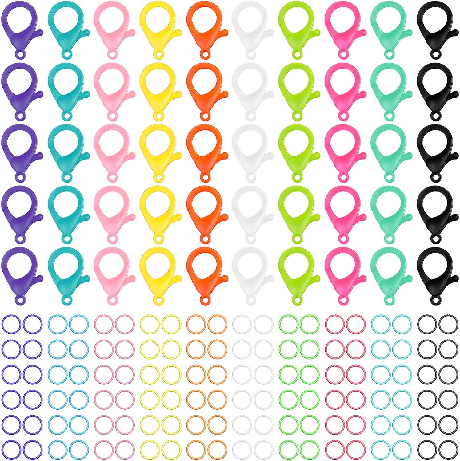 Multicolor Hard Plastic Clips Plastic Lobster Claw Clasps and Open Jump Rings, Cute Lanyard Snap Hooks for Key Chain Ring Chain Clasp DIY Handmade Crafts 100 Pieces
