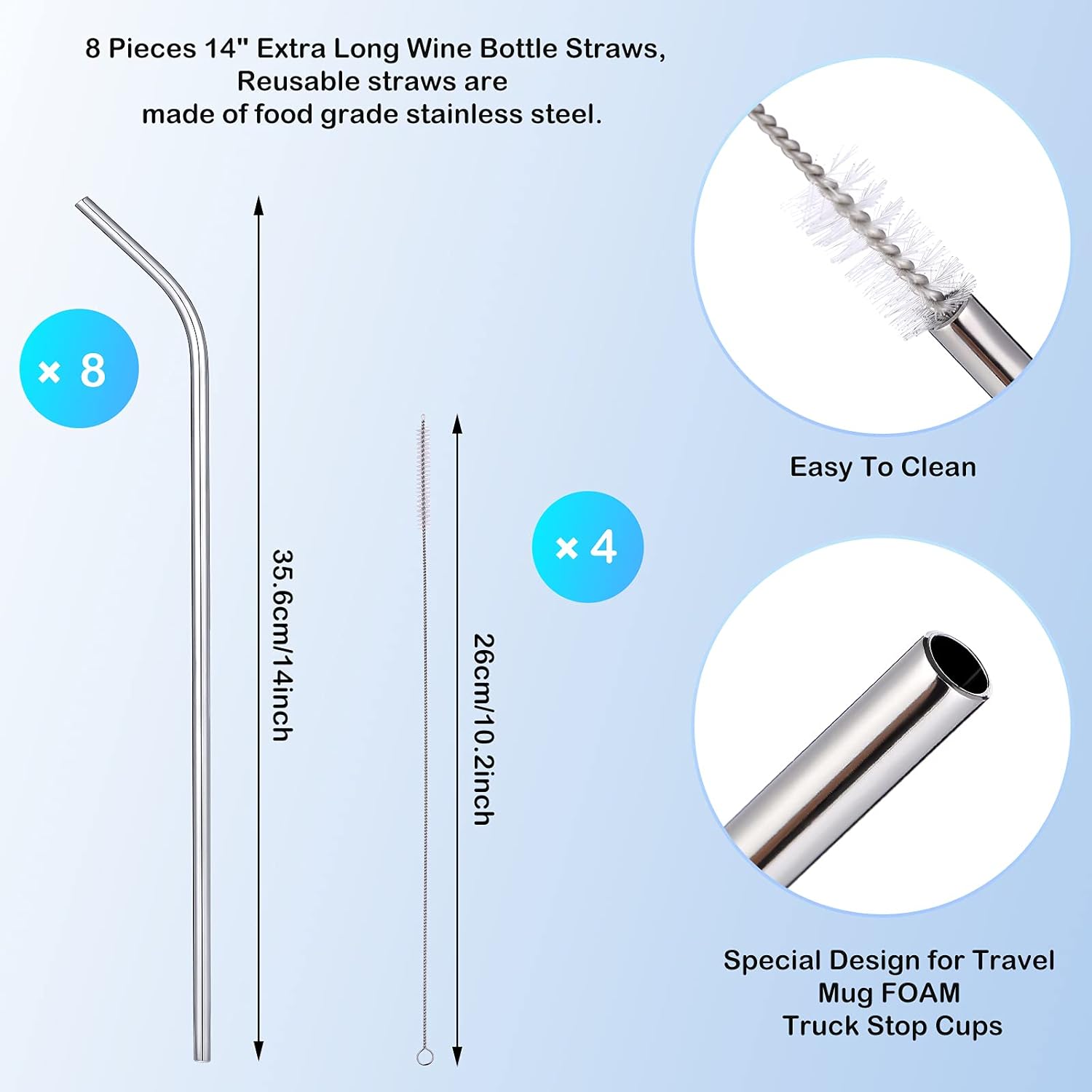 8 Pieces 14 Inch Reusable Stainless Steel Straws Long Drinking Straws for 100 oz Tumblers, Extra with 4 Pieces Cleaning Brush Silver