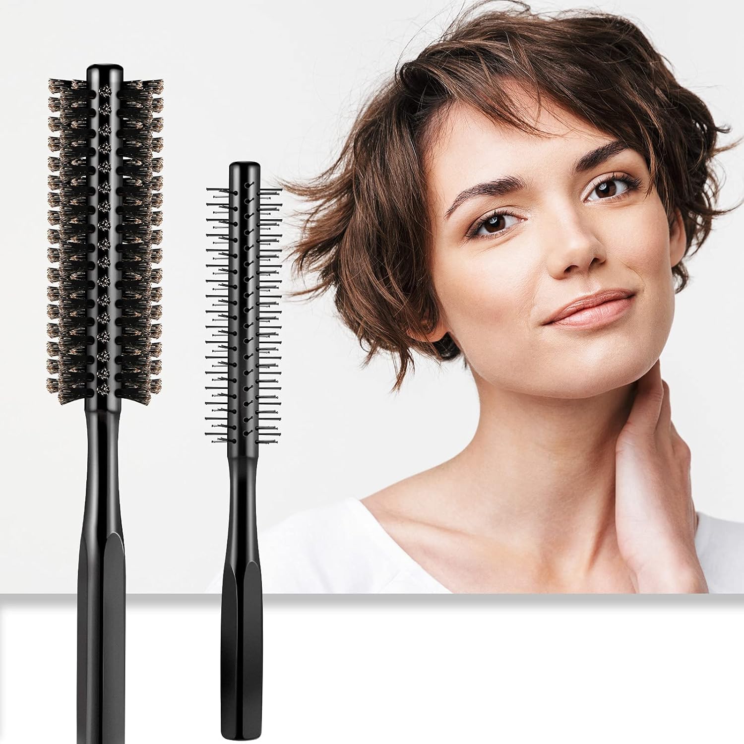 2 Pieces Thick Round Hair Comb Bristle Blow Drying Hairbrush Small Brush Short Hair Massage Comb Head Massage Round Brush Roll Hairbrush for Wet or Dry Black