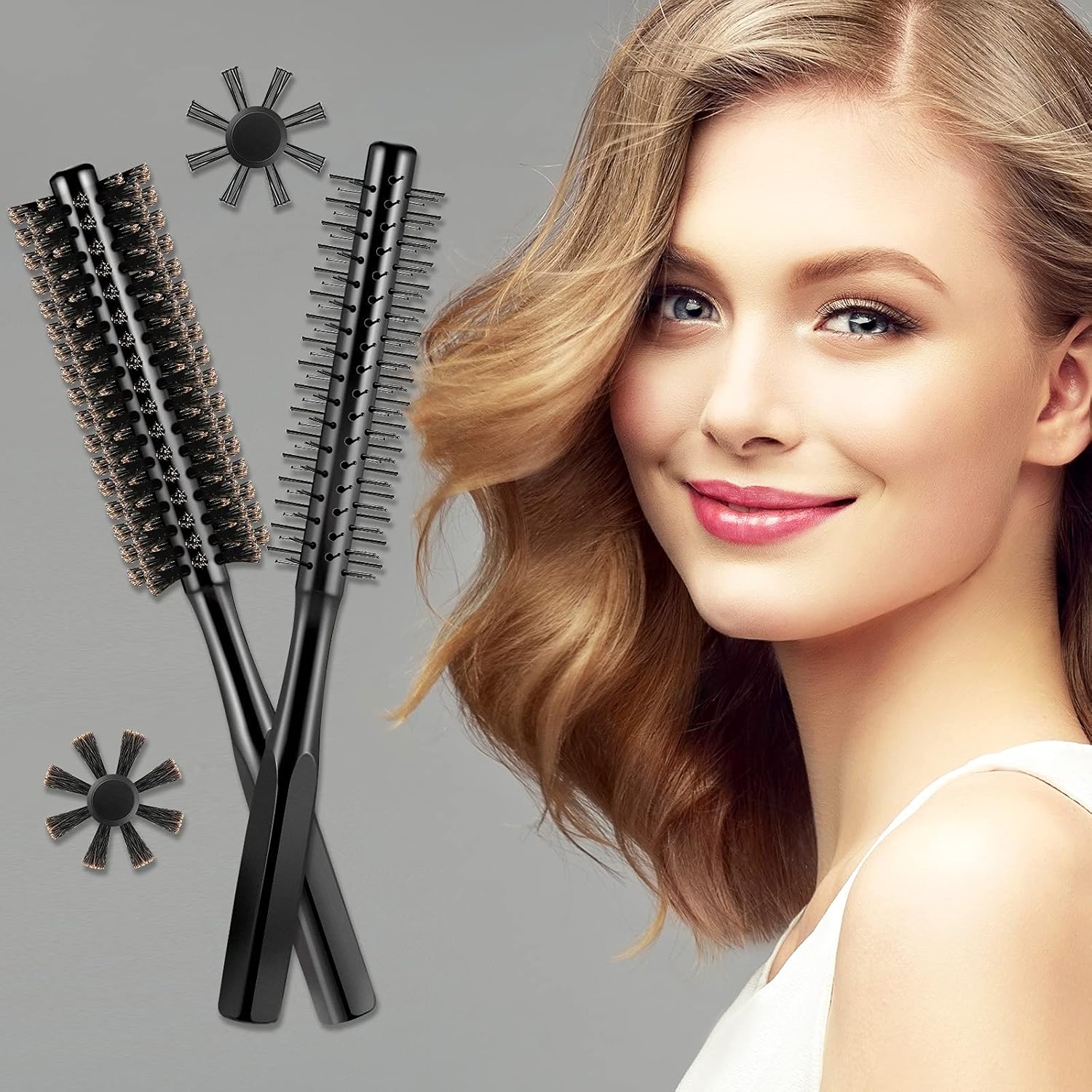 2 Pieces Thick Round Hair Comb Bristle Blow Drying Hairbrush Small Brush Short Hair Massage Comb Head Massage Round Brush Roll Hairbrush for Wet or Dry Black