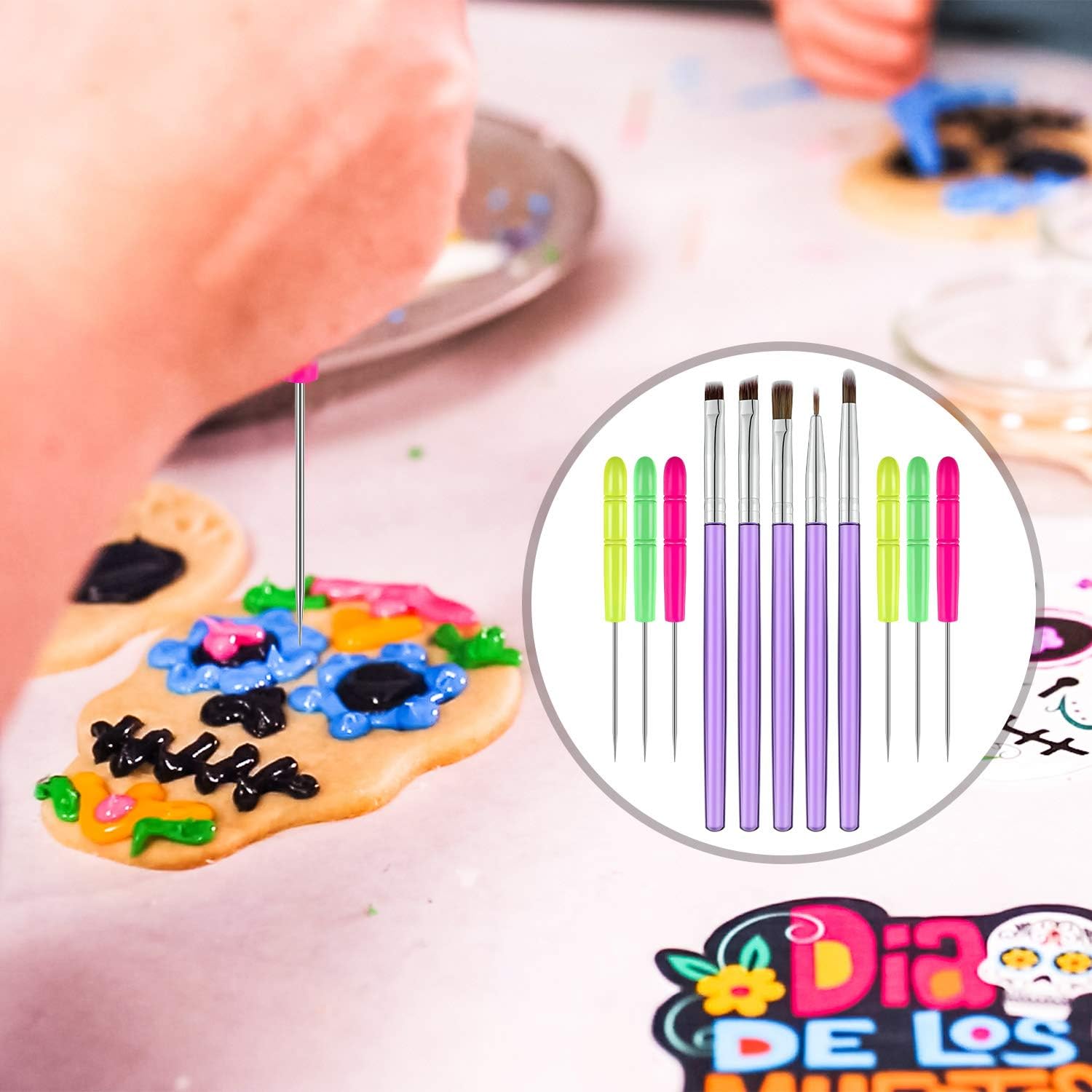 15 Pcs Decorating Brushes Tool Set, Include Cookie Pastry Brush Cookie Scriber Needles Sugar Stir Needles Elbow and Straight Tweezers for Biscuit Cake Fondant Decor Supplies Purple