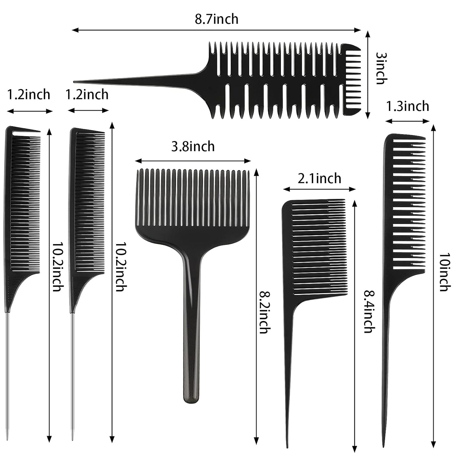 6 Pcs Highlighting Hair Combs Set, 3-way Hair Sectioning, Dyeing, Rat Tail Lifting Comb for Weaving Foiling Sectioning Coloring, Black