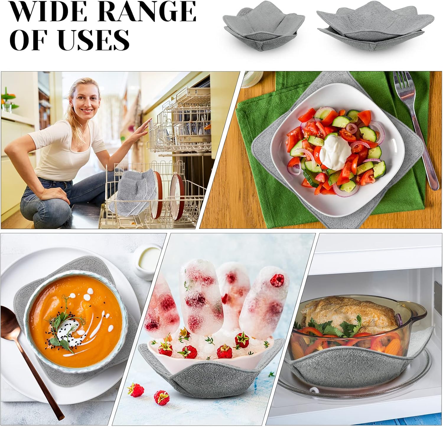 Microwave Bowl Cozy Holders for Hot Food Bowl Pot Plate in 2 Sizes Heat Proof Polyester Potholder Protector Food Soup for Bouillon Gray,4 Pieces