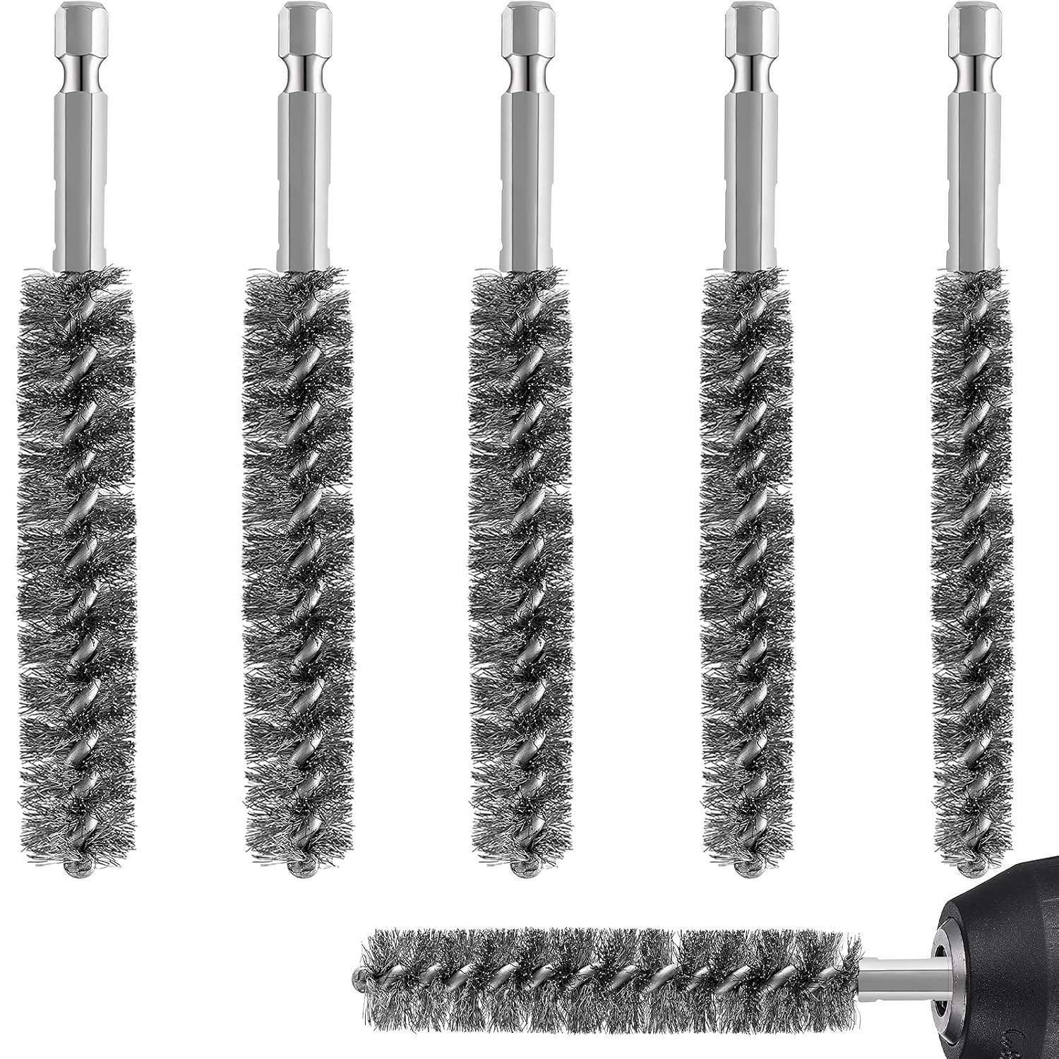 Stainless Steel Bore Brush Stainless Steel Bristles Wire Brush for Power Drill with Hex Shank Handle 0.8 cm, 1 cm, 1.2 cm, 1.5 cm, 1.7 cm, 1.9 cm, 6 Pcs
