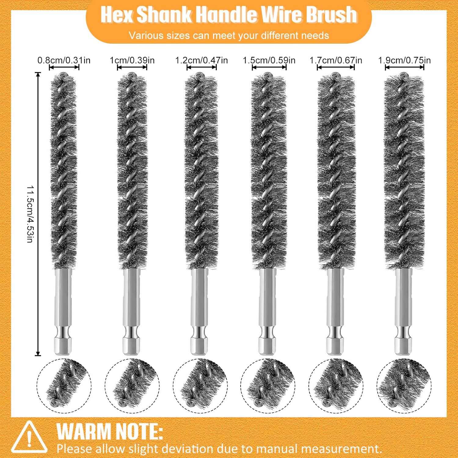 Stainless Steel Bore Brush Stainless Steel Bristles Wire Brush for Power Drill with Hex Shank Handle 0.8 cm, 1 cm, 1.2 cm, 1.5 cm, 1.7 cm, 1.9 cm, 6 Pcs