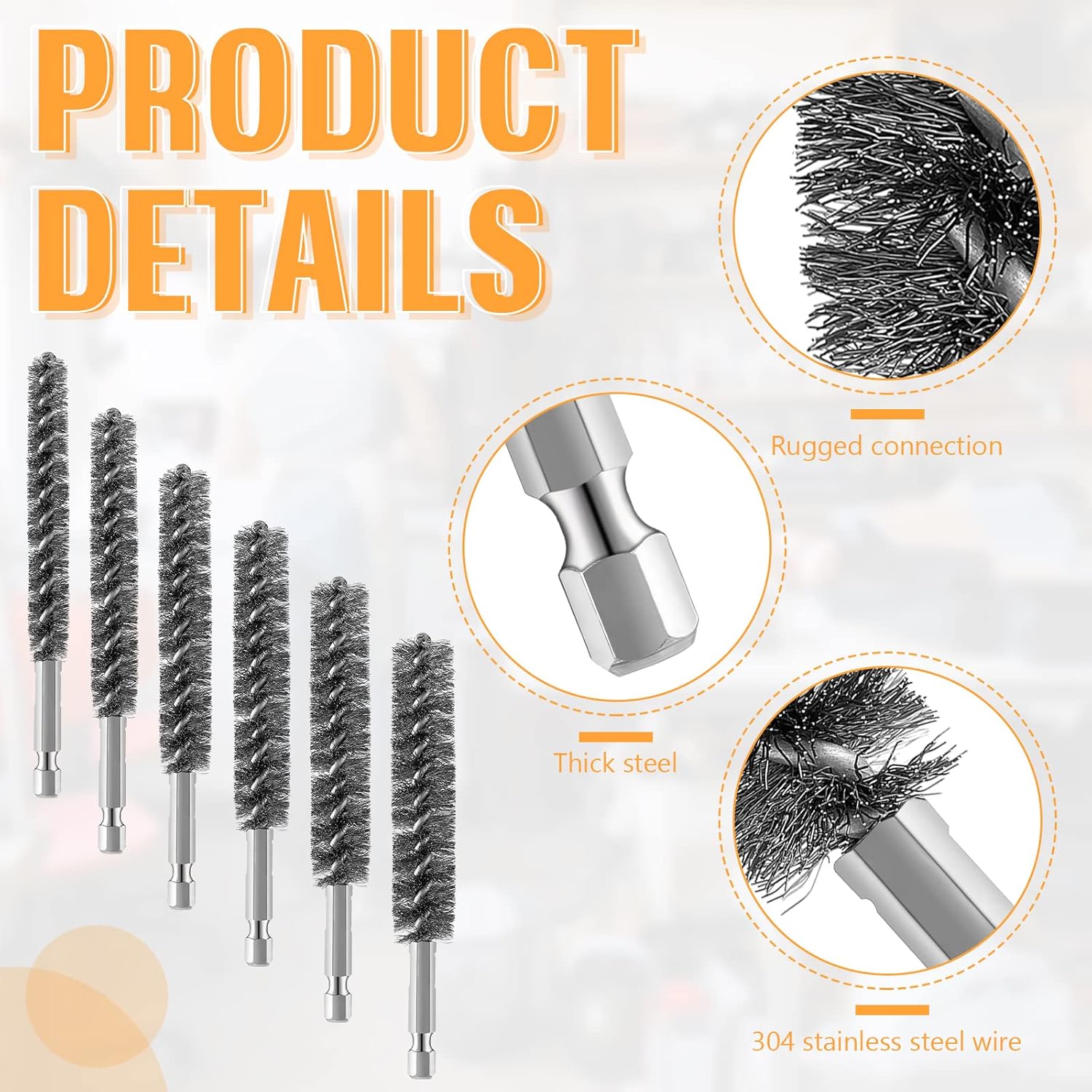 Stainless Steel Bore Brush Stainless Steel Bristles Wire Brush for Power Drill with Hex Shank Handle 0.8 cm, 1 cm, 1.2 cm, 1.5 cm, 1.7 cm, 1.9 cm, 6 Pcs