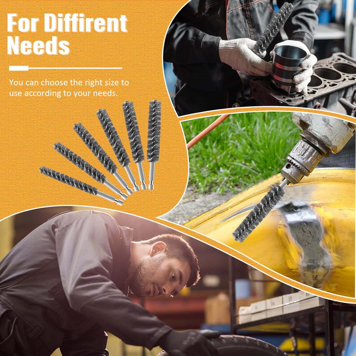 Stainless Steel Bore Brush Stainless Steel Bristles Wire Brush for Power Drill with Hex Shank Handle 0.8 cm, 1 cm, 1.2 cm, 1.5 cm, 1.7 cm, 1.9 cm, 6 Pcs