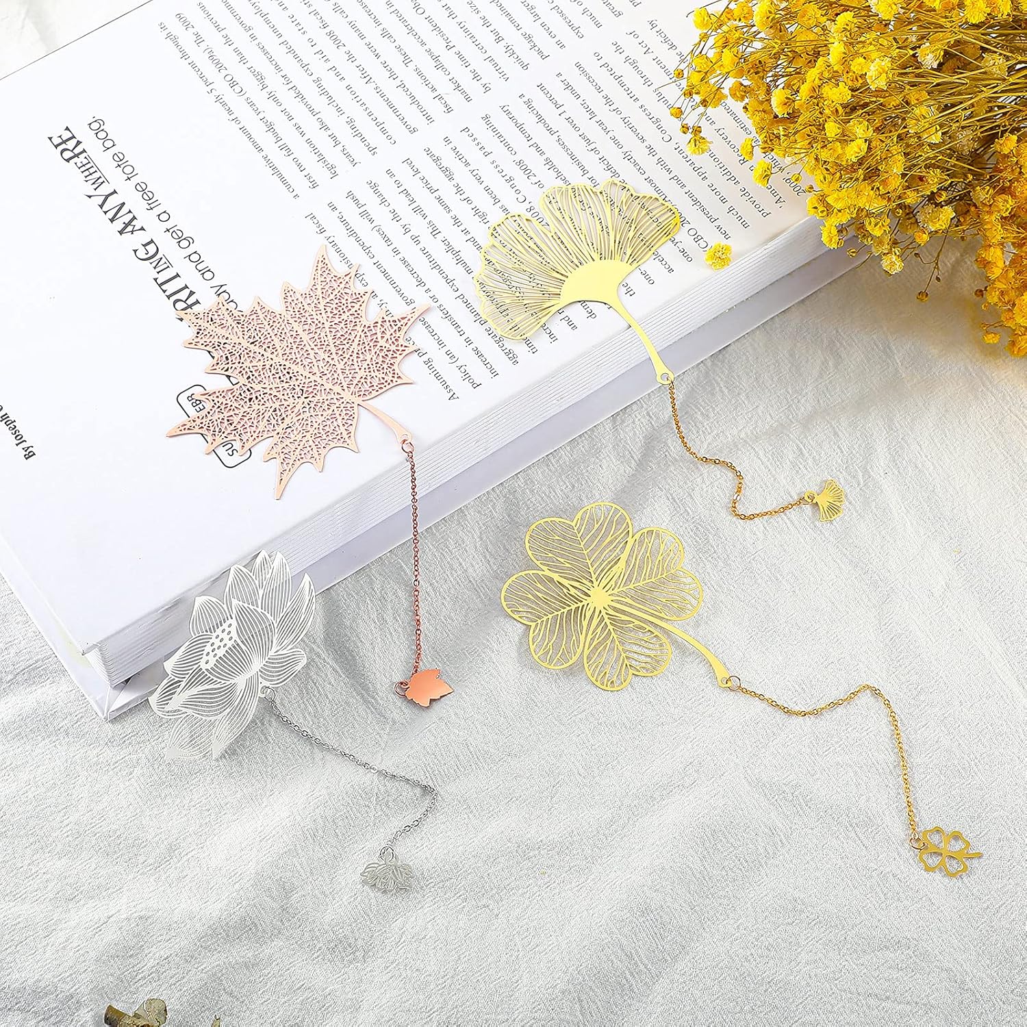 12 Pieces Metal Bookmarks with Chain for Women Metal Leaf Bookmark for Book Lovers Writers Readers Children Teens Adults Gold Silver and Rose Gold Chain Style