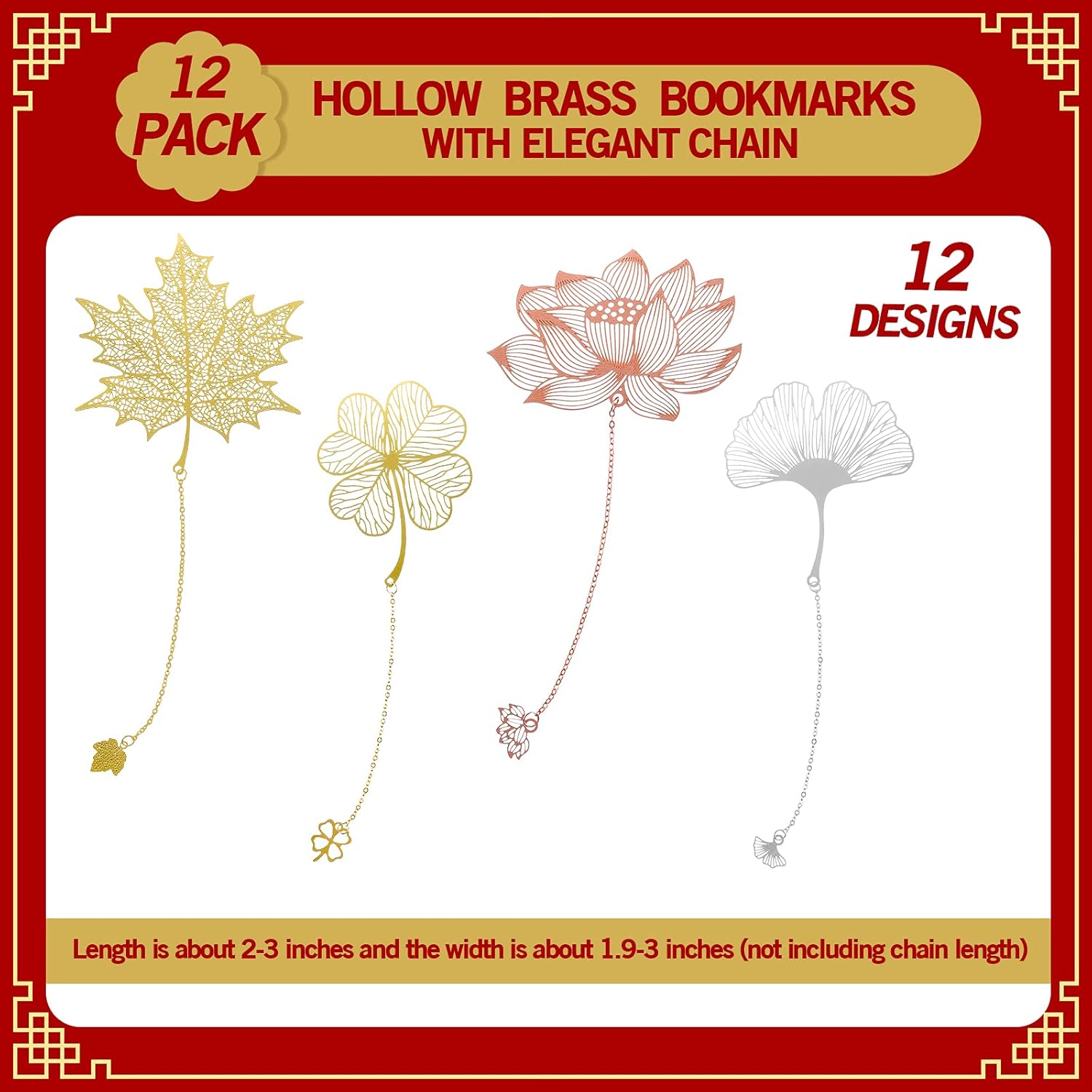12 Pieces Metal Bookmarks with Chain for Women Metal Leaf Bookmark for Book Lovers Writers Readers Children Teens Adults Gold Silver and Rose Gold Chain Style