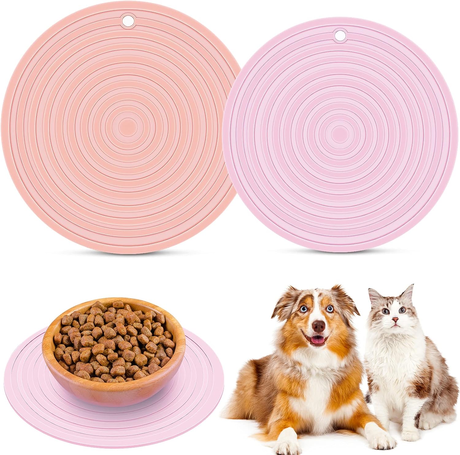 2 Pieces Silicone Pet Food Mat Pet Feeding Mat for Dog and Cat Food Bowl Placemat Preventing Food and Water Overflow Suitable for Medium and Small Pet, 9.5 x 9.5 Inch and 7.1 x 7.1 Inch Pink