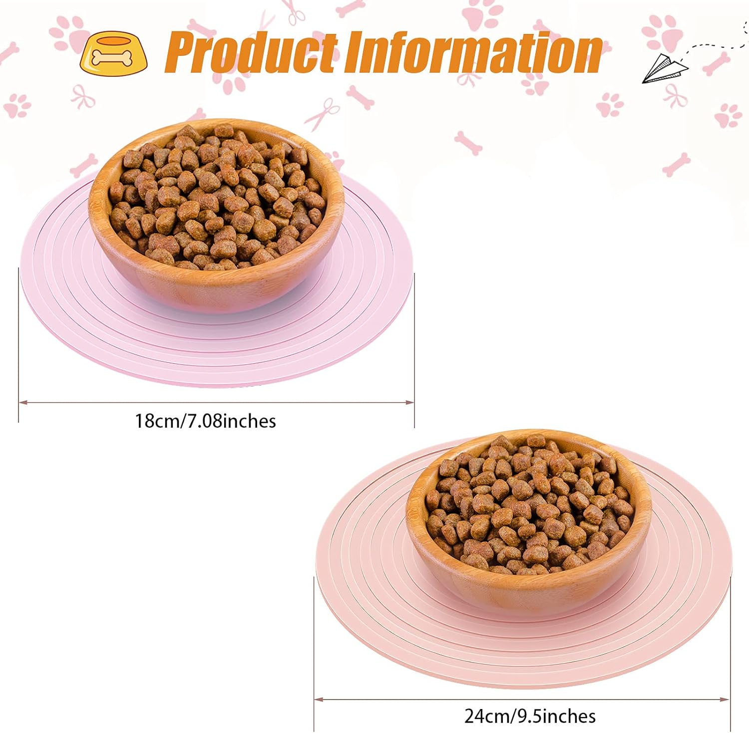 2 Pieces Silicone Pet Food Mat Pet Feeding Mat for Dog and Cat Food Bowl Placemat Preventing Food and Water Overflow Suitable for Medium and Small Pet, 9.5 x 9.5 Inch and 7.1 x 7.1 Inch Pink