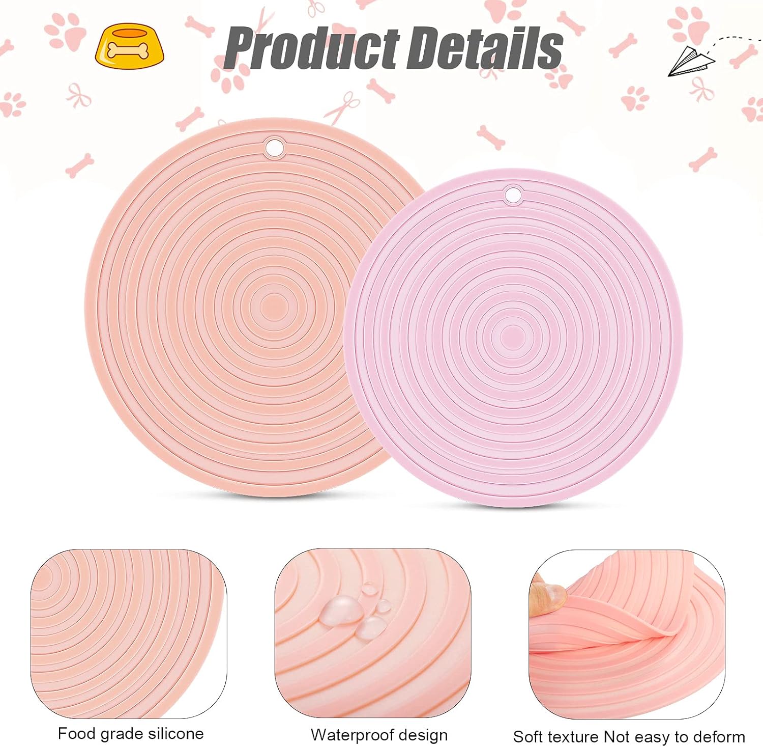 2 Pieces Silicone Pet Food Mat Pet Feeding Mat for Dog and Cat Food Bowl Placemat Preventing Food and Water Overflow Suitable for Medium and Small Pet, 9.5 x 9.5 Inch and 7.1 x 7.1 Inch Pink