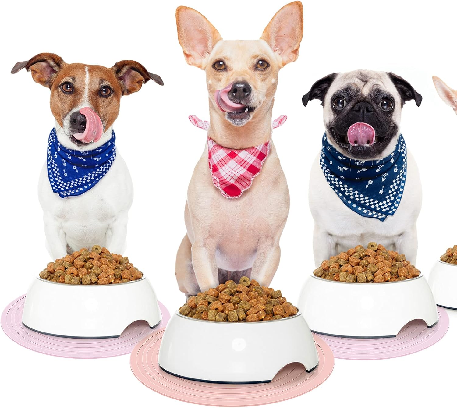 2 Pieces Silicone Pet Food Mat Pet Feeding Mat for Dog and Cat Food Bowl Placemat Preventing Food and Water Overflow Suitable for Medium and Small Pet, 9.5 x 9.5 Inch and 7.1 x 7.1 Inch Pink