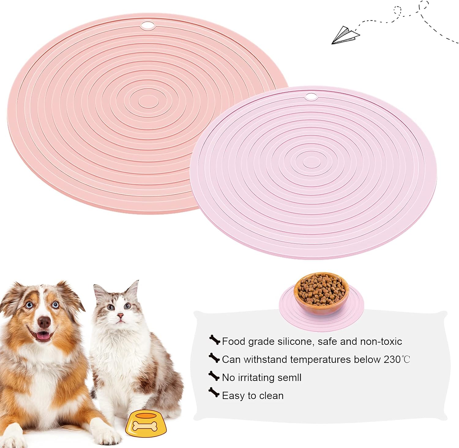 2 Pieces Silicone Pet Food Mat Pet Feeding Mat for Dog and Cat Food Bowl Placemat Preventing Food and Water Overflow Suitable for Medium and Small Pet, 9.5 x 9.5 Inch and 7.1 x 7.1 Inch Pink