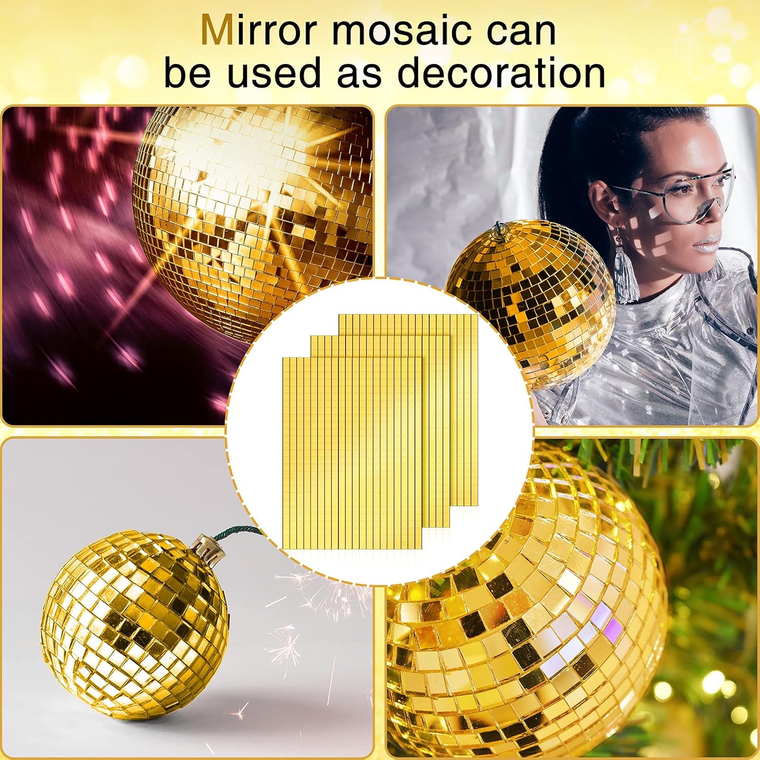 3600 Pieces Mirrors Mosaic Disco Ball Mirror Tiles Self-Adhesive Real Square Glass Mirror DIY Tiles for Craft DIY Glass Decorations Making Gold,0.2 Inch