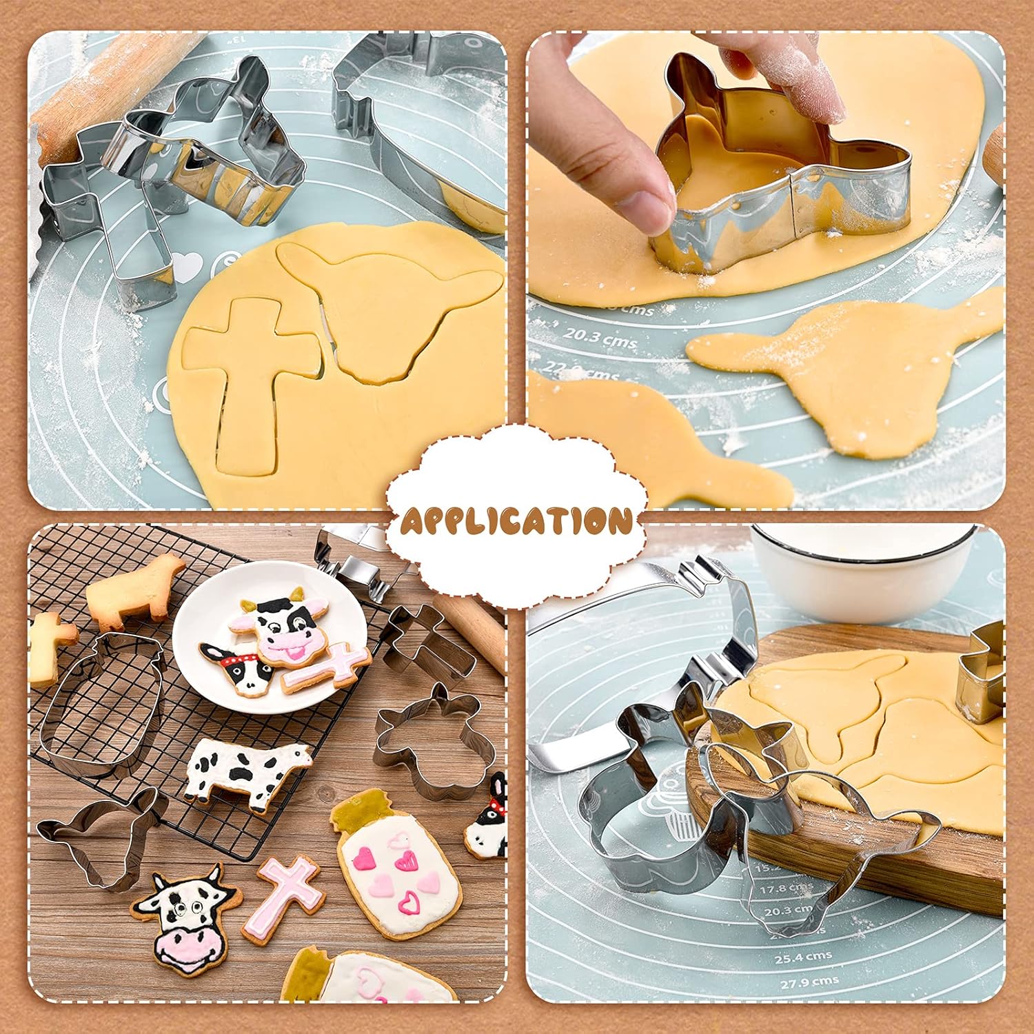 5 Pieces Cow Cookie Cutter Set, Farmhouse Theme, 5 Different Farm Animals Theme Cutters, Steel Cow Head, Milk Bottle, Crossed Cookie Molds for Biscuit and Cakes Kitchen Tool Accessories