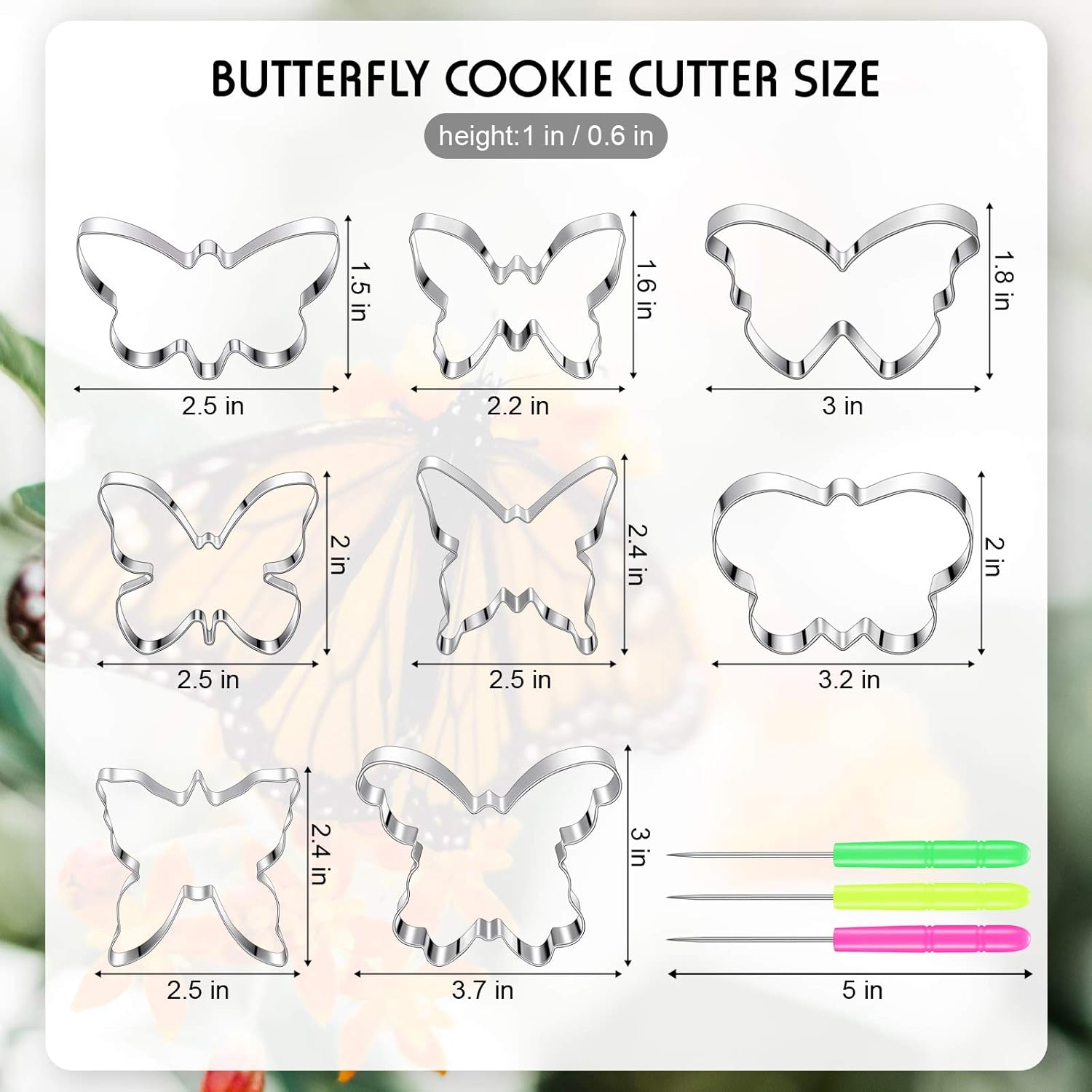8 Pieces Butterfly Cookie Cutter Set Stainless Steel Metal Biscuit Cutter Mould and 6 Pieces Sugar Stirring Pins for Sandwich Chocolate Fondant Biscuit Cake Kitchen Baking