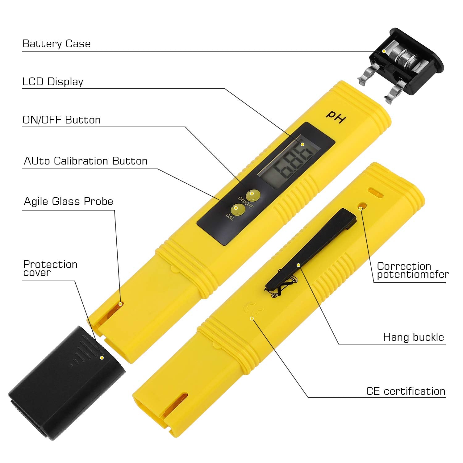 PH Meter for Water Hydroponics Digital PH Tester Pen 0.01 High Accuracy Pocket Size with 0-14 PH Measurement Range for Household Drinking, Pool and Aquarium Yellow