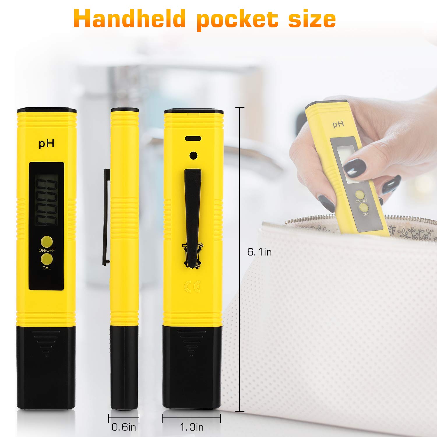 PH Meter for Water Hydroponics Digital PH Tester Pen 0.01 High Accuracy Pocket Size with 0-14 PH Measurement Range for Household Drinking, Pool and Aquarium Yellow
