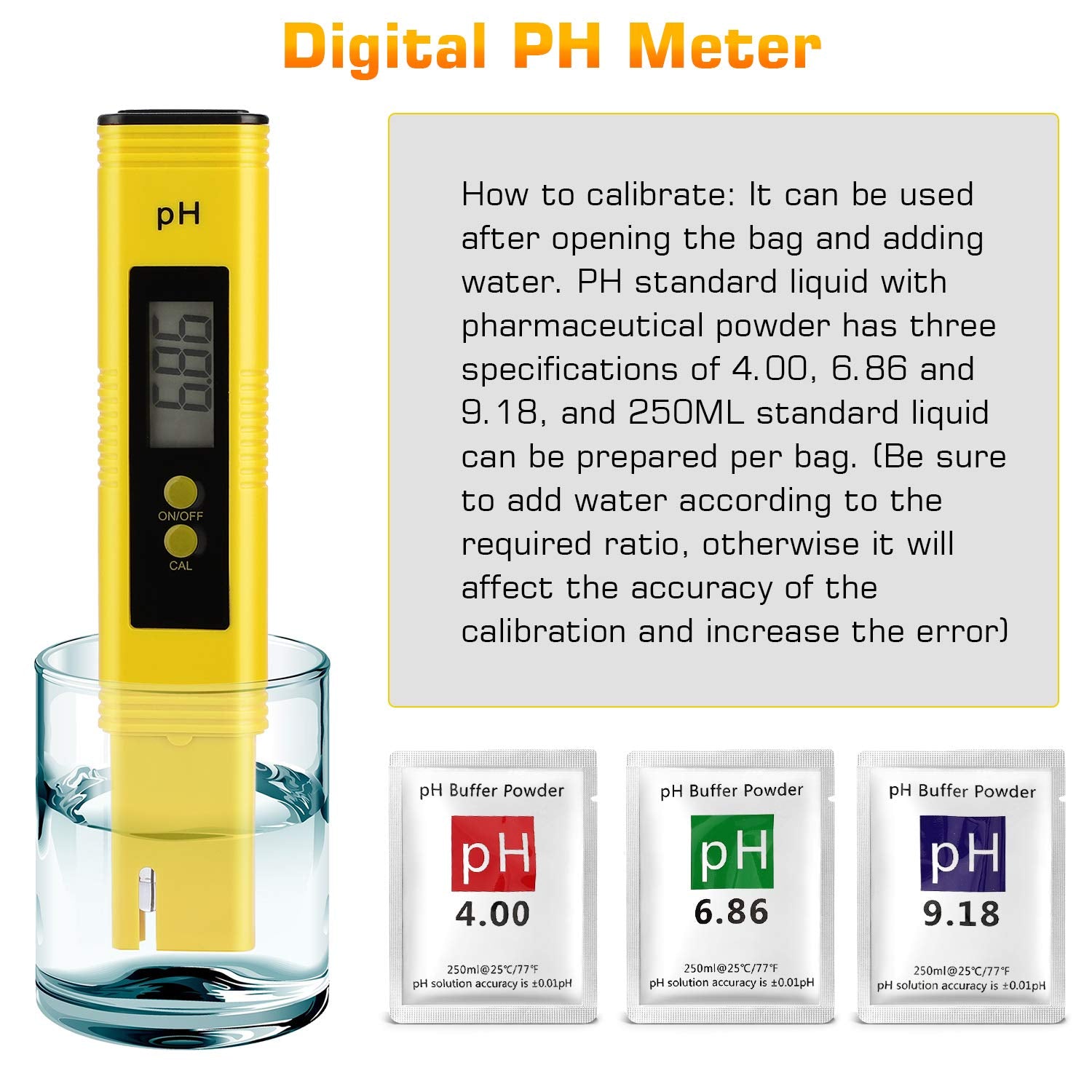 PH Meter for Water Hydroponics Digital PH Tester Pen 0.01 High Accuracy Pocket Size with 0-14 PH Measurement Range for Household Drinking, Pool and Aquarium Yellow