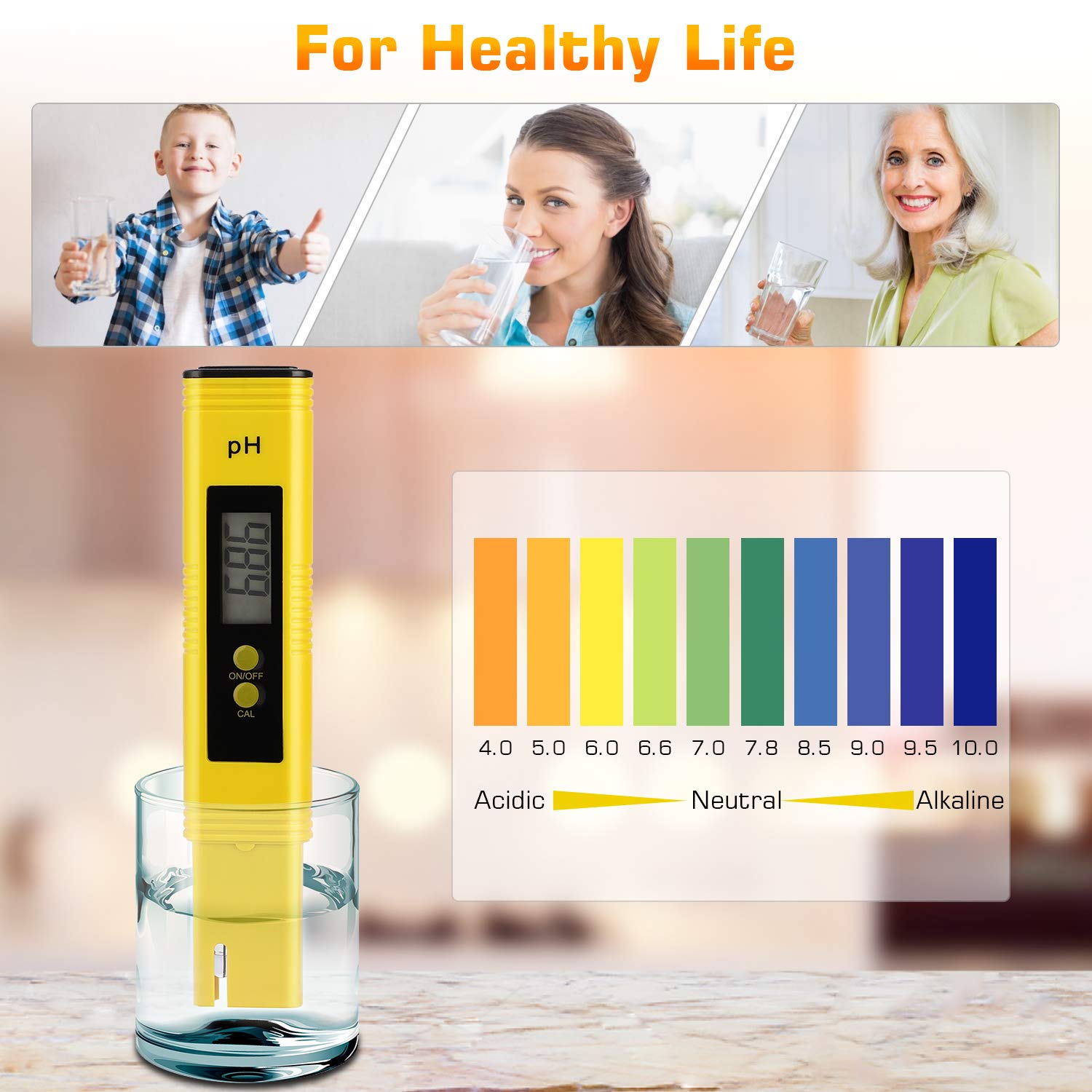 PH Meter for Water Hydroponics Digital PH Tester Pen 0.01 High Accuracy Pocket Size with 0-14 PH Measurement Range for Household Drinking, Pool and Aquarium Yellow
