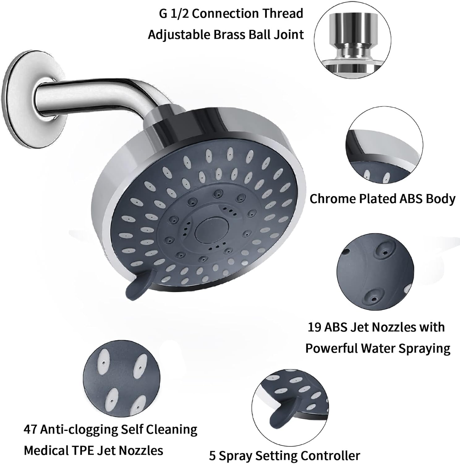Shower Head, High Pressure Shower Heads 4.1 Inch 5 Settings Rain High Flow Fixed Showerhead for Luxury Shower Experience Even at Low Water Pressure, Chrome