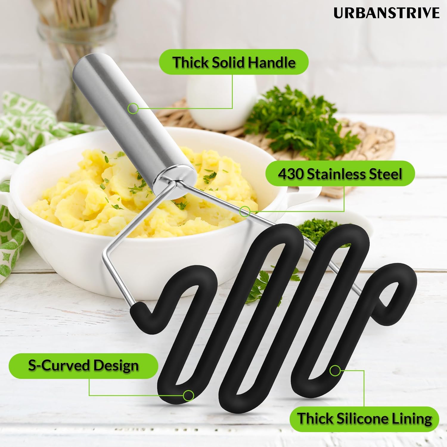 Non-Scratch Silicone Potato Masher Kitchen Tool, Potatoes Masher Potato Masher Stainless Steel Wrapped In Premium Silicone, Potato Smasher Black