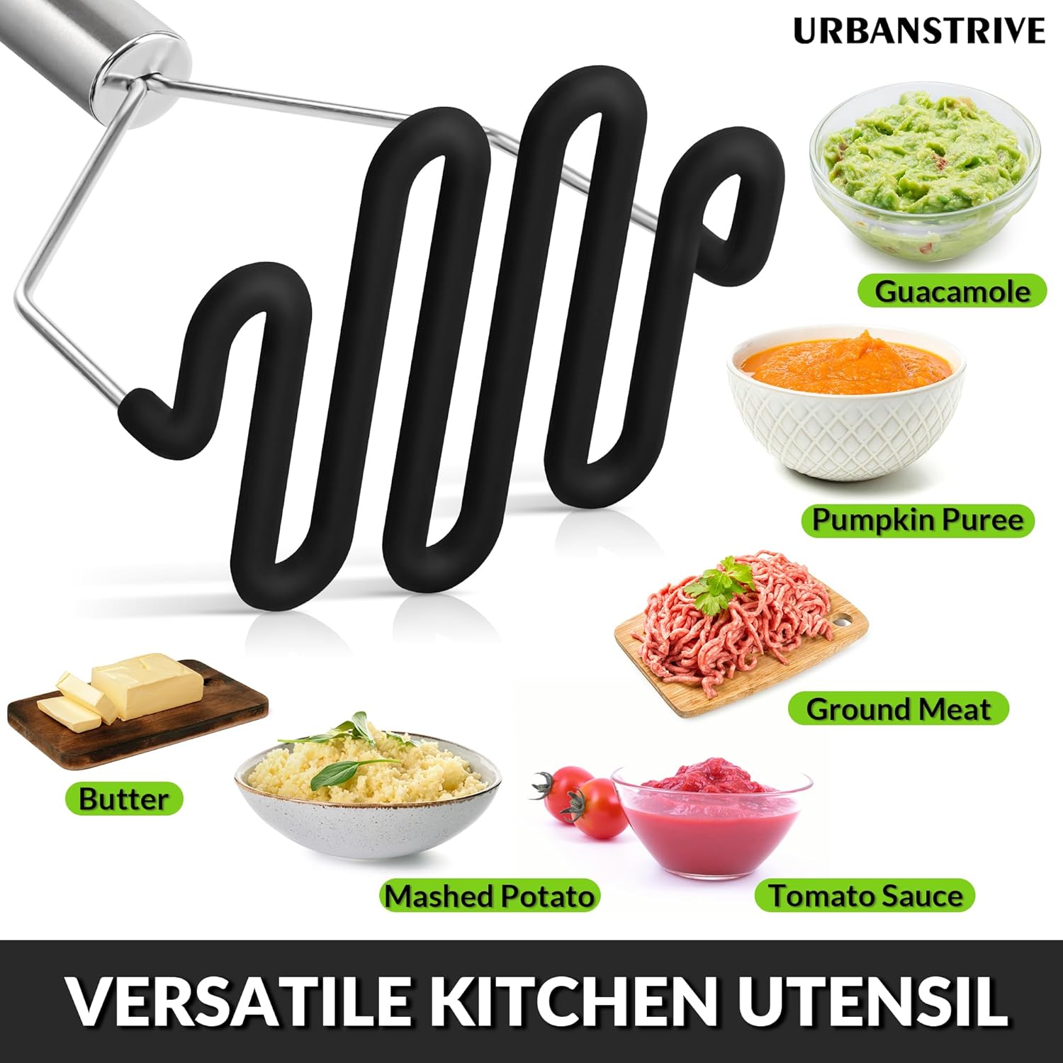 Non-Scratch Silicone Potato Masher Kitchen Tool, Potatoes Masher Potato Masher Stainless Steel Wrapped In Premium Silicone, Potato Smasher Black