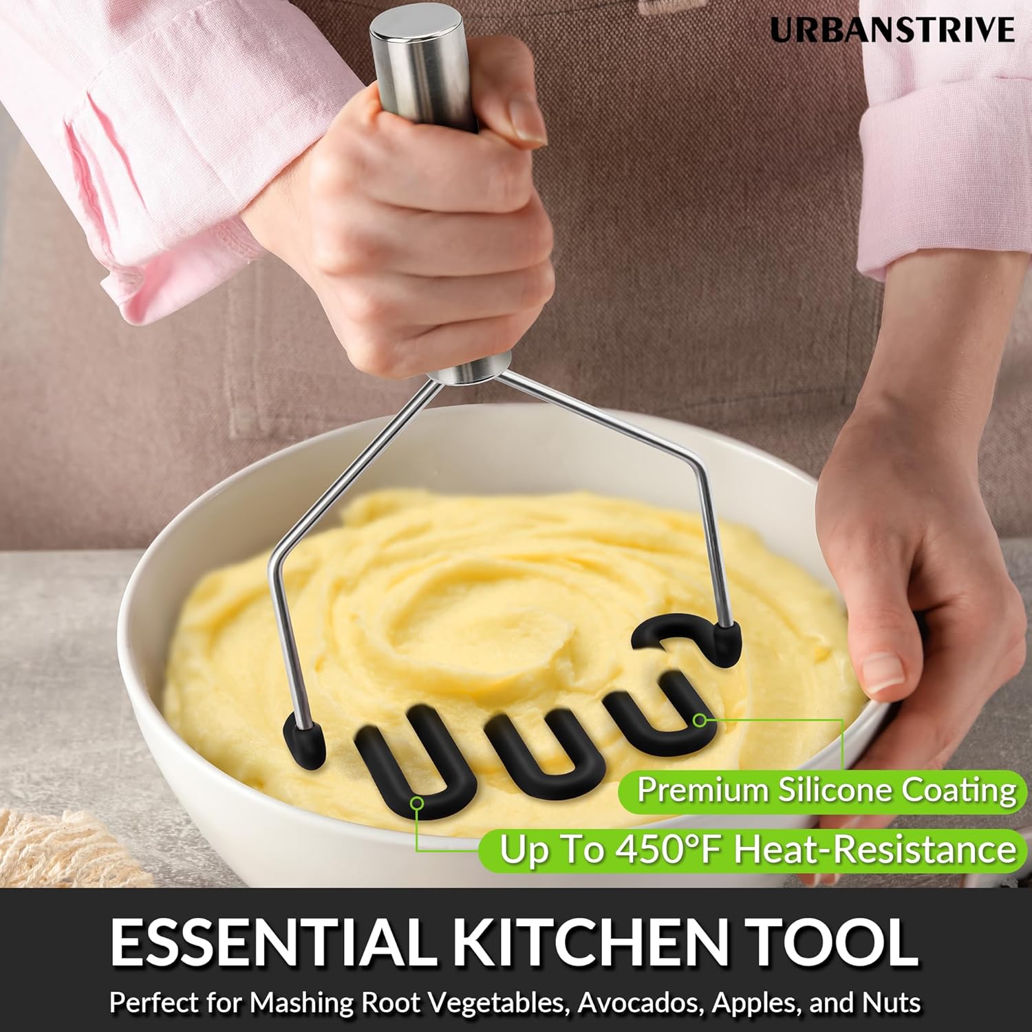 Non-Scratch Silicone Potato Masher Kitchen Tool, Potatoes Masher Potato Masher Stainless Steel Wrapped In Premium Silicone, Potato Smasher Black