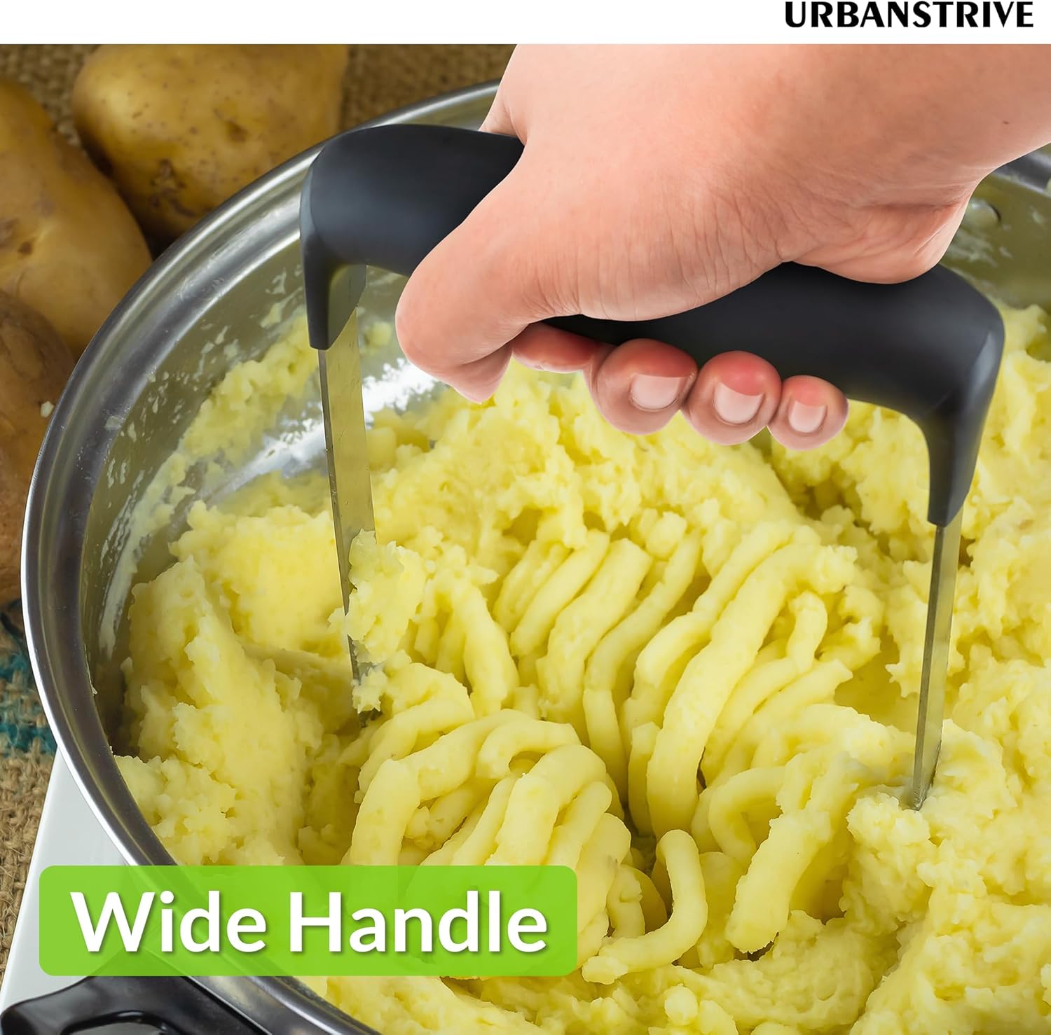 Upgraded Potato Masher, Durable Non-break Handle, Rust-proof, Dishwasher safe, Heavy duty 304 Stainless Steel, Kitchen Gadgets Gifts, Black
