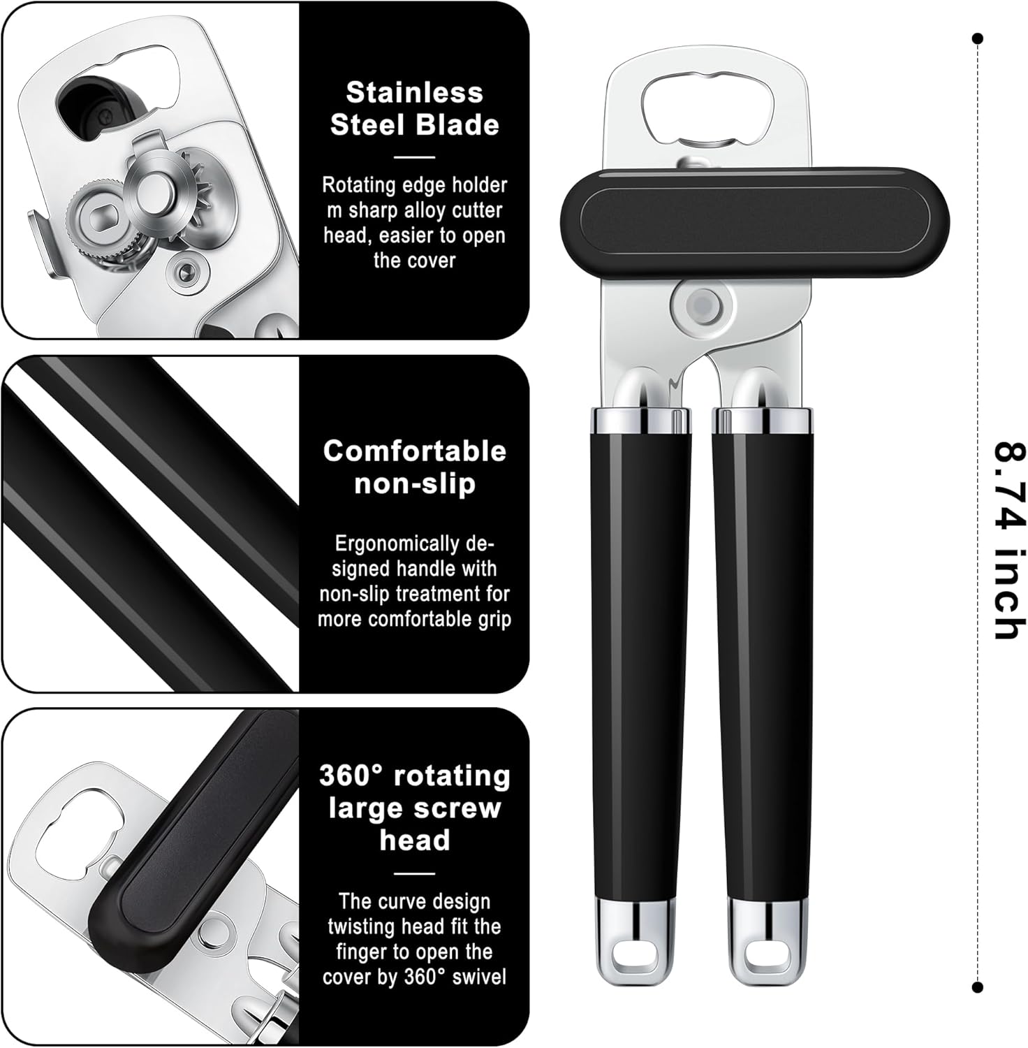 XL Large Heavy Duty Can Opener Manual Smooth Edge, Hand Held Can Openers for Seniors, Stainless Steel, Comfortable Handle, Built-in Bottle Opener, 8.66 inch Black
