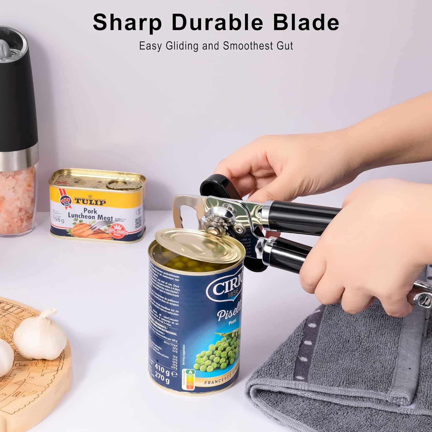 XL Large Heavy Duty Can Opener Manual Smooth Edge, Hand Held Can Openers for Seniors, Stainless Steel, Comfortable Handle, Built-in Bottle Opener, 8.66 inch Black