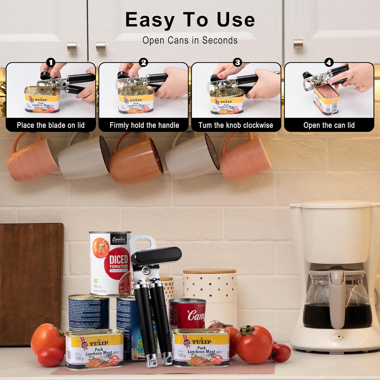 XL Large Heavy Duty Can Opener Manual Smooth Edge, Hand Held Can Openers for Seniors, Stainless Steel, Comfortable Handle, Built-in Bottle Opener, 8.66 inch Black