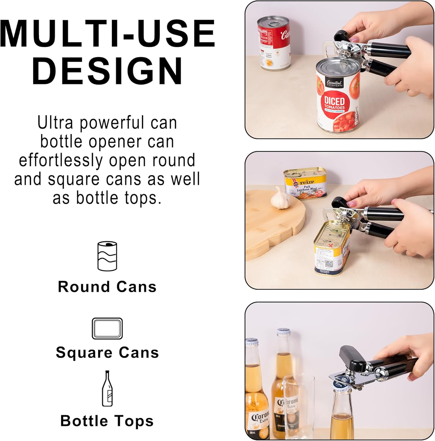 XL Large Heavy Duty Can Opener Manual Smooth Edge, Hand Held Can Openers for Seniors, Stainless Steel, Comfortable Handle, Built-in Bottle Opener, 8.66 inch Black