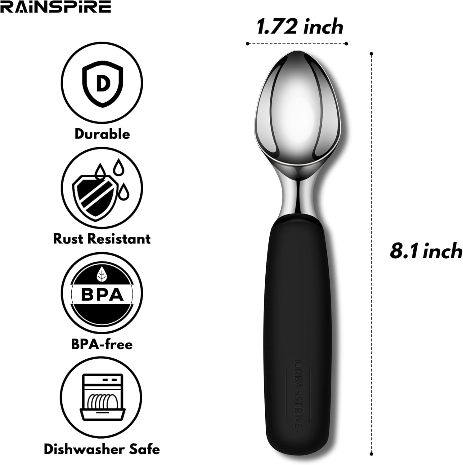 Ice Cream Scoop Stainless Steel, Ice Cream Scooper Professional Large Ice Cream Scoops With Non-Slip Rubber Handle, Ice Cream Spade for Cookie Dough, Gelato, Sorbet, Melon Black