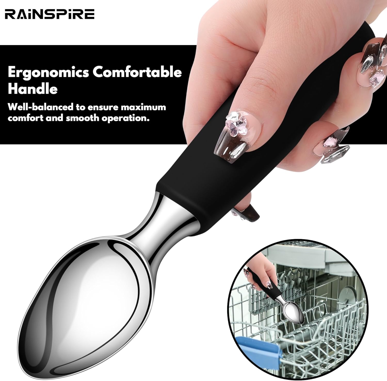 Ice Cream Scoop Stainless Steel, Ice Cream Scooper Professional Large Ice Cream Scoops With Non-Slip Rubber Handle, Ice Cream Spade for Cookie Dough, Gelato, Sorbet, Melon Black