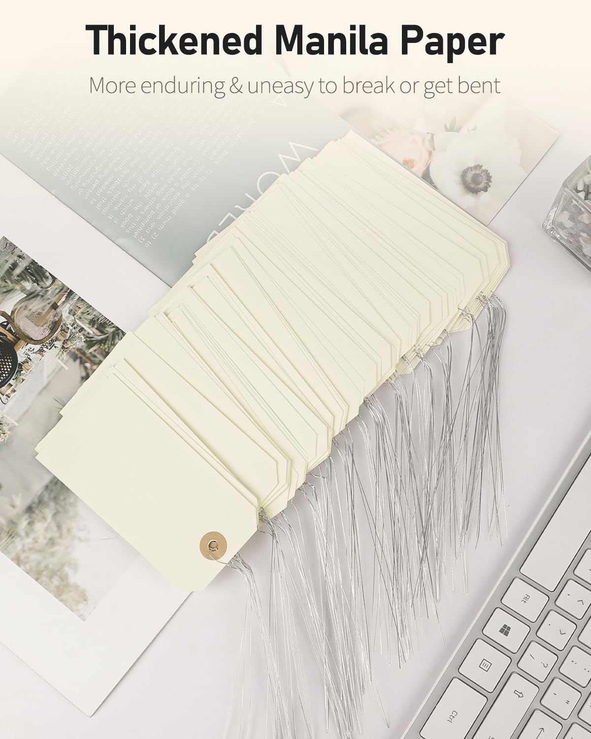 100 Pcs Manila Tags Blank Shipping Tag with Wire Attached 4.7 Inch Paper Hang Tag with Reinforced Eyelet Large Marking Writable Price Tags Inventory Label, 4.7" x 2 3/8"
