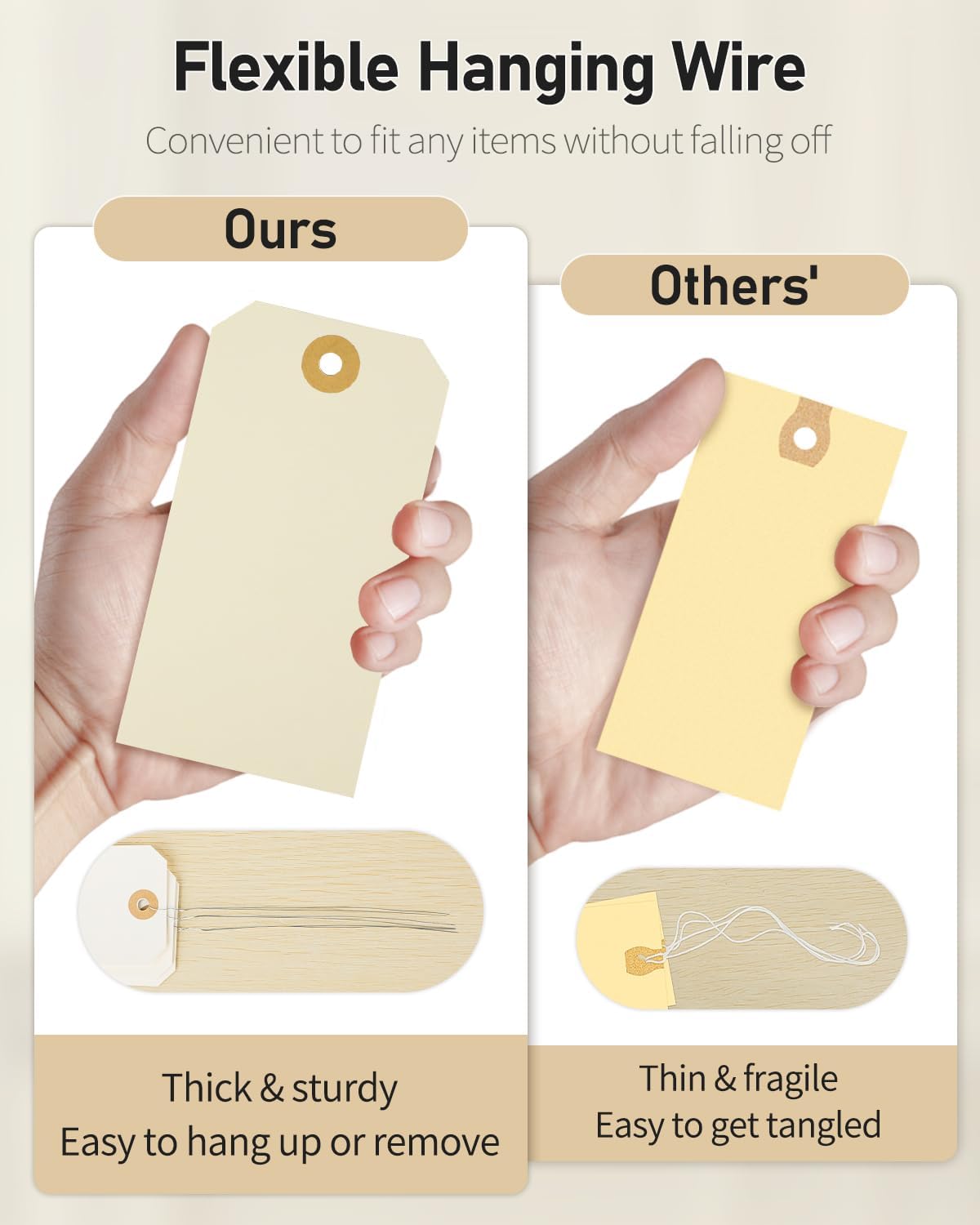 100 Pcs Manila Tags Blank Shipping Tag with Wire Attached 4.7 Inch Paper Hang Tag with Reinforced Eyelet Large Marking Writable Price Tags Inventory Label, 4.7" x 2 3/8"