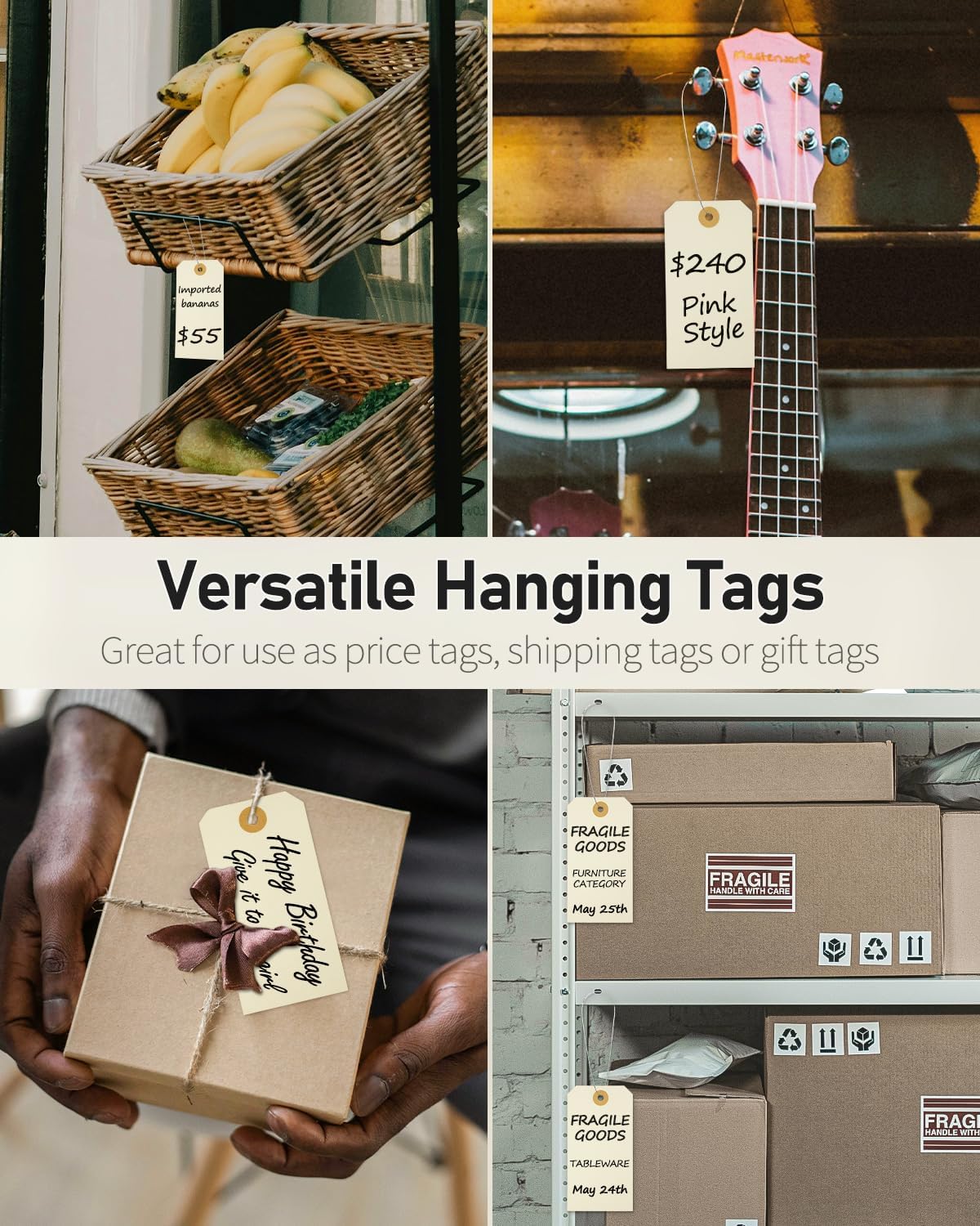 100 Pcs Manila Tags Blank Shipping Tag with Wire Attached 4.7 Inch Paper Hang Tag with Reinforced Eyelet Large Marking Writable Price Tags Inventory Label, 4.7" x 2 3/8"