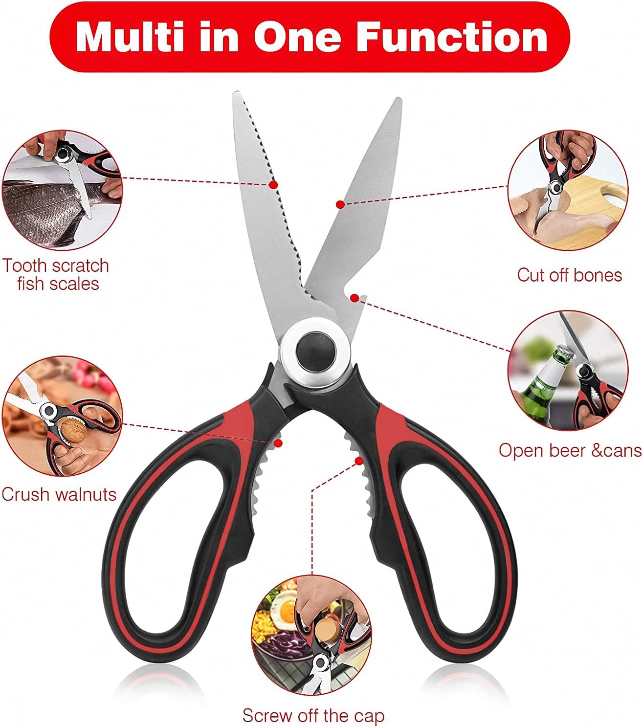 Heavy Duty Kitchen Shears with Protective Sheath Kitchen Meat Scissors, Dishwasher Safe Cooking Scissors for Chicken, Poultry, Fish, Herbs Black+Red